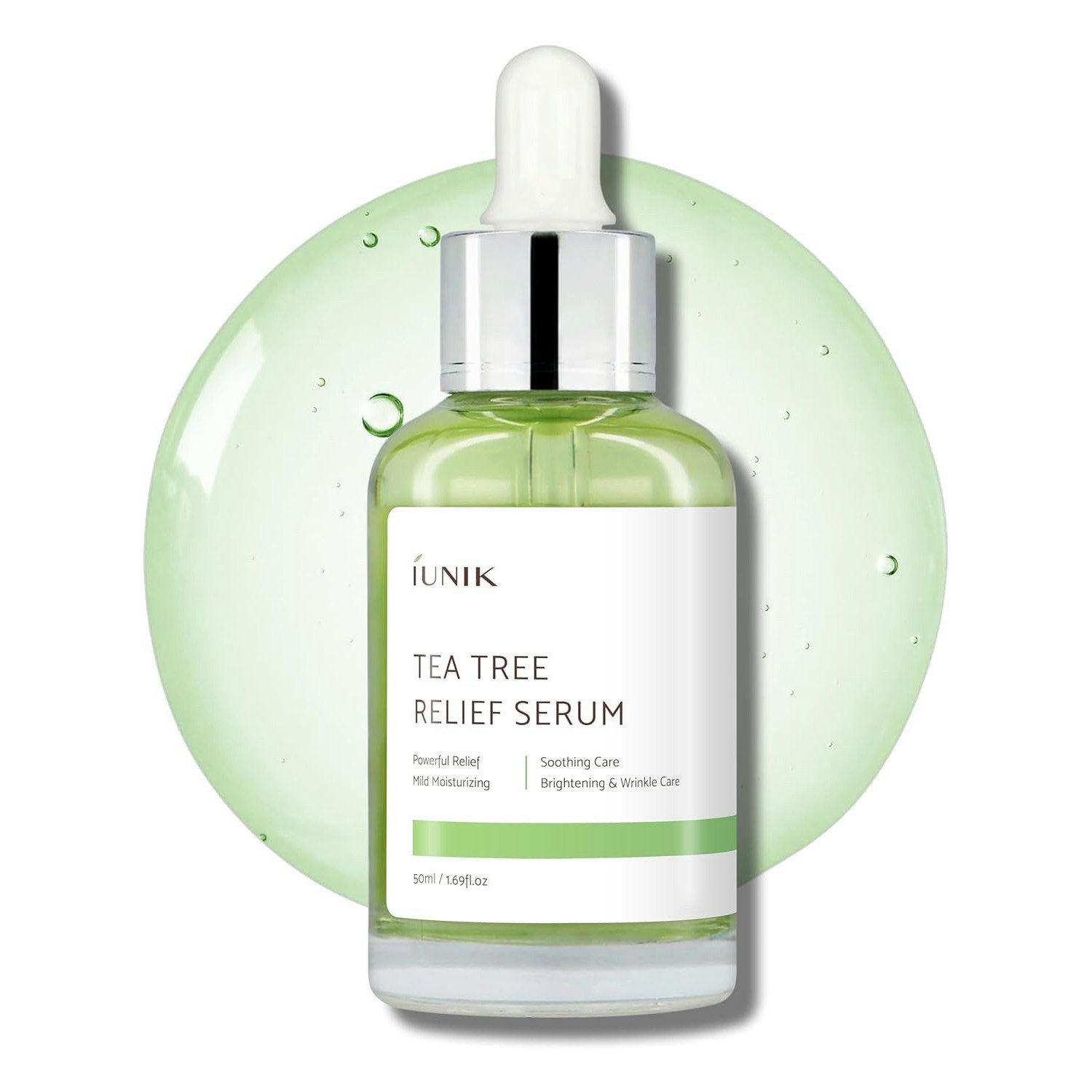 iUnik Gesichtsserum Tea Tree Relief Serum 50 ml – Für klare, ausgeglichene Haut Adenosin, 6 Pflanzenkeimlinge, vegan, alkoholfrei, parfümfrei, 67% Teebaumblattwasser, 19,5% Centella Asiatica, Niacinamid