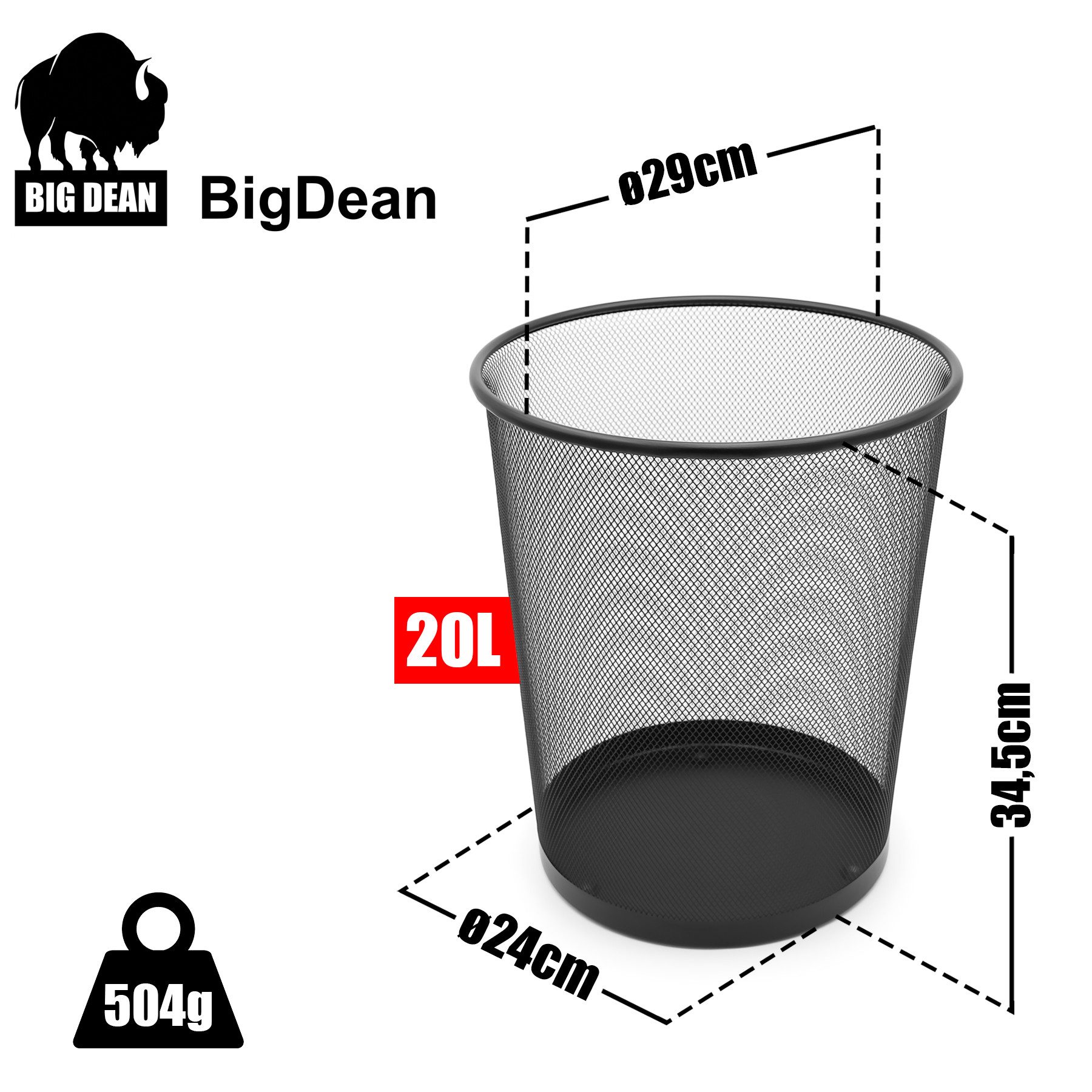 BigDean Papierkorb Mülleimer schwarz 20L Draht robuster Papiereimer für Papierabfälle, Klassisches Zeitloses Design, Leicht, Langlebig, Stabil