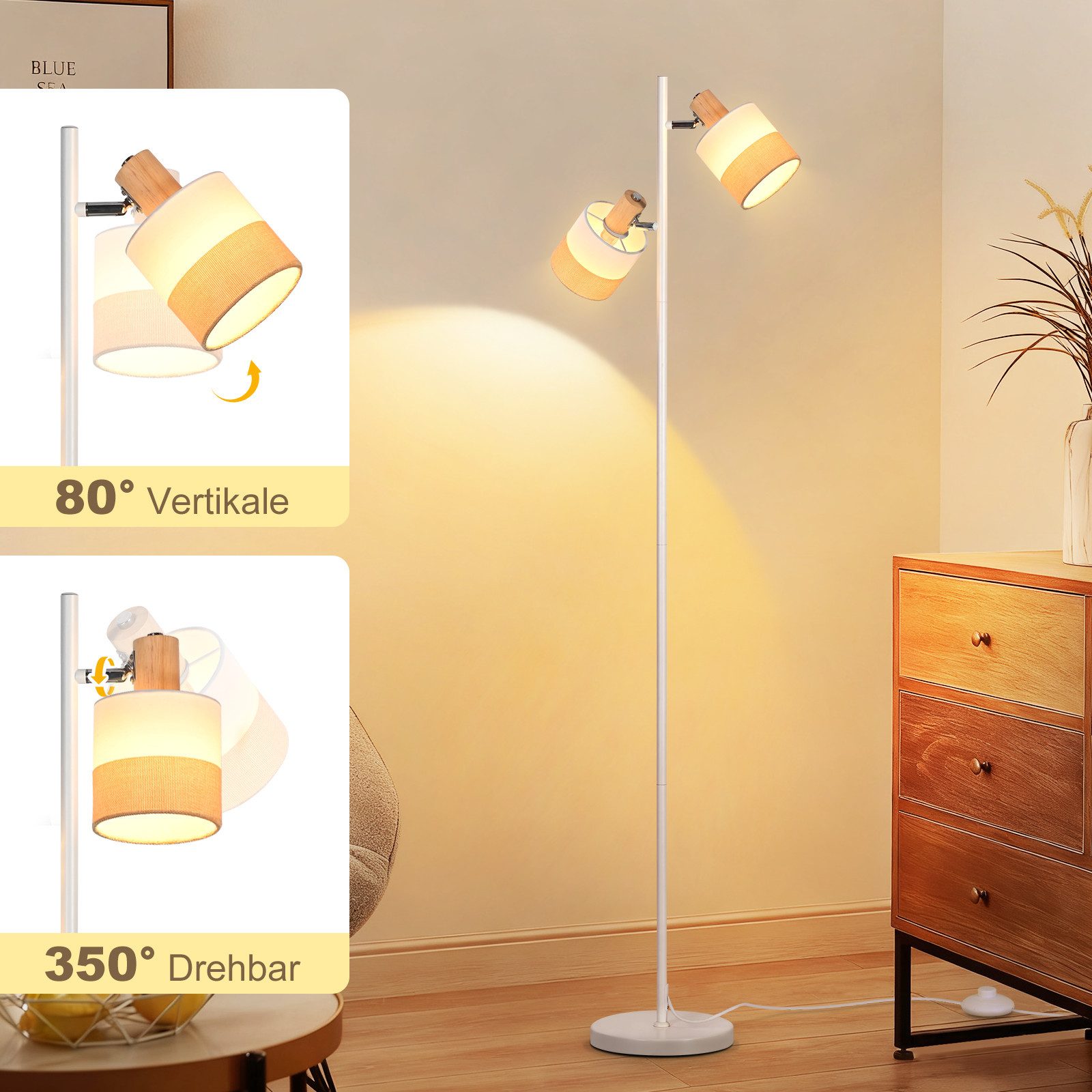 Nettlife Stehlampe Vintage aus Holz 2x E14 Fassungen Stoffschirm Fußschalter für Flur, LED wechselbar, für Schlafzimmer (ohne Leuchtmittel)