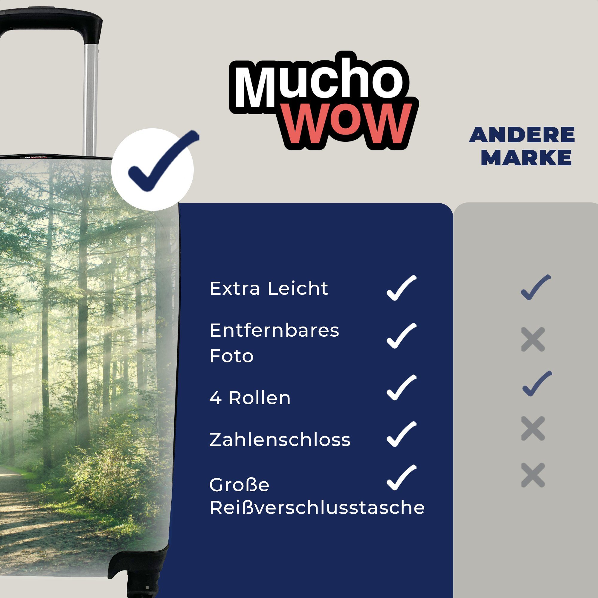 MuchoWow Handgepäckkoffer Wald - Weg Rollen, Trolley, - - Reisekoffer Natur, Handgepäck Ferien, Reisetasche - 4 Grün - Sonne rollen, mit Bäume für