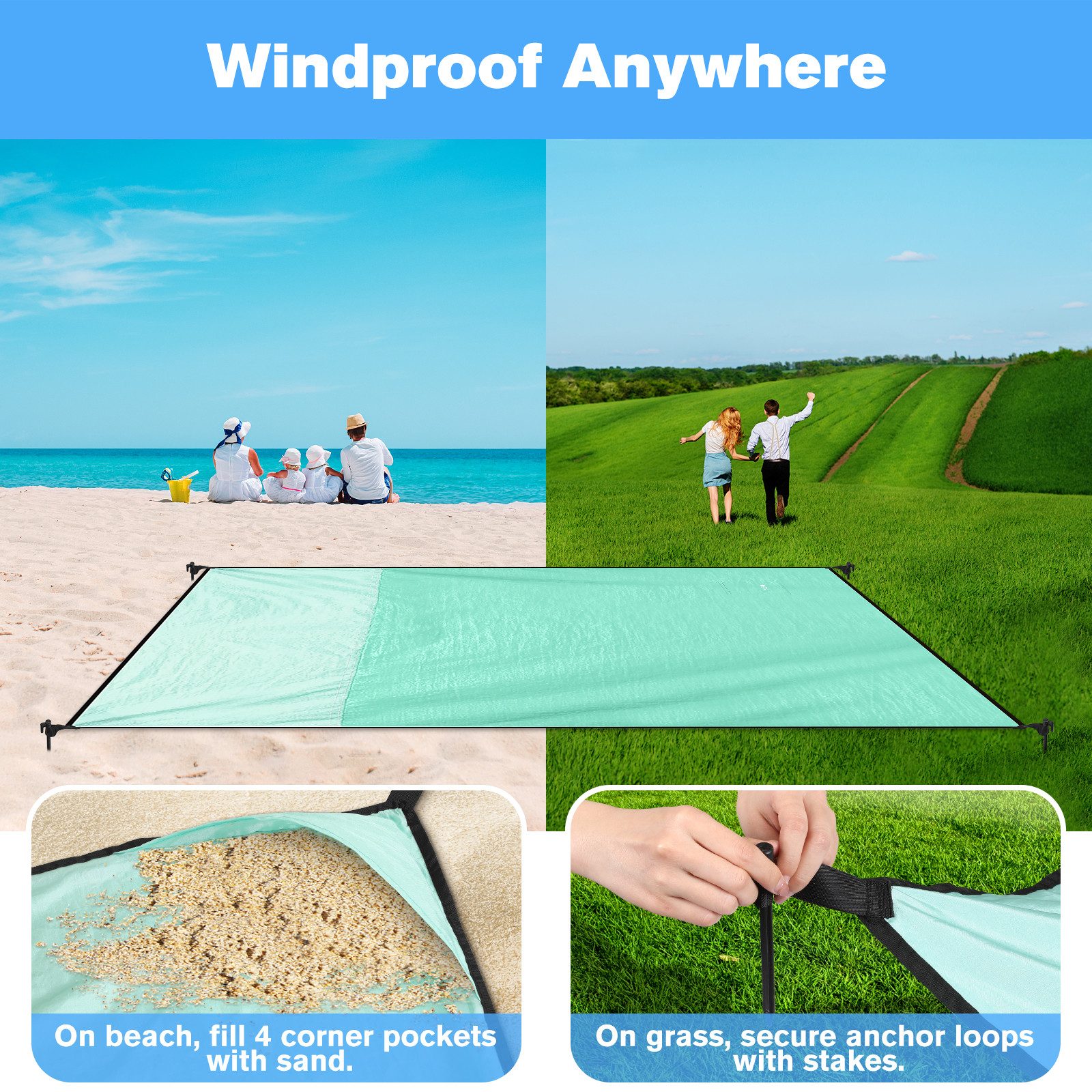 Picknickdecke Stranddecke Sandfrei super groß 210x200 cm, Sanddicht Wasserdicht, Fintie, Super Leicht Dünn Bequem Langlebiges Material, Strandmatte, Strandtuch – Bild 5 von 5