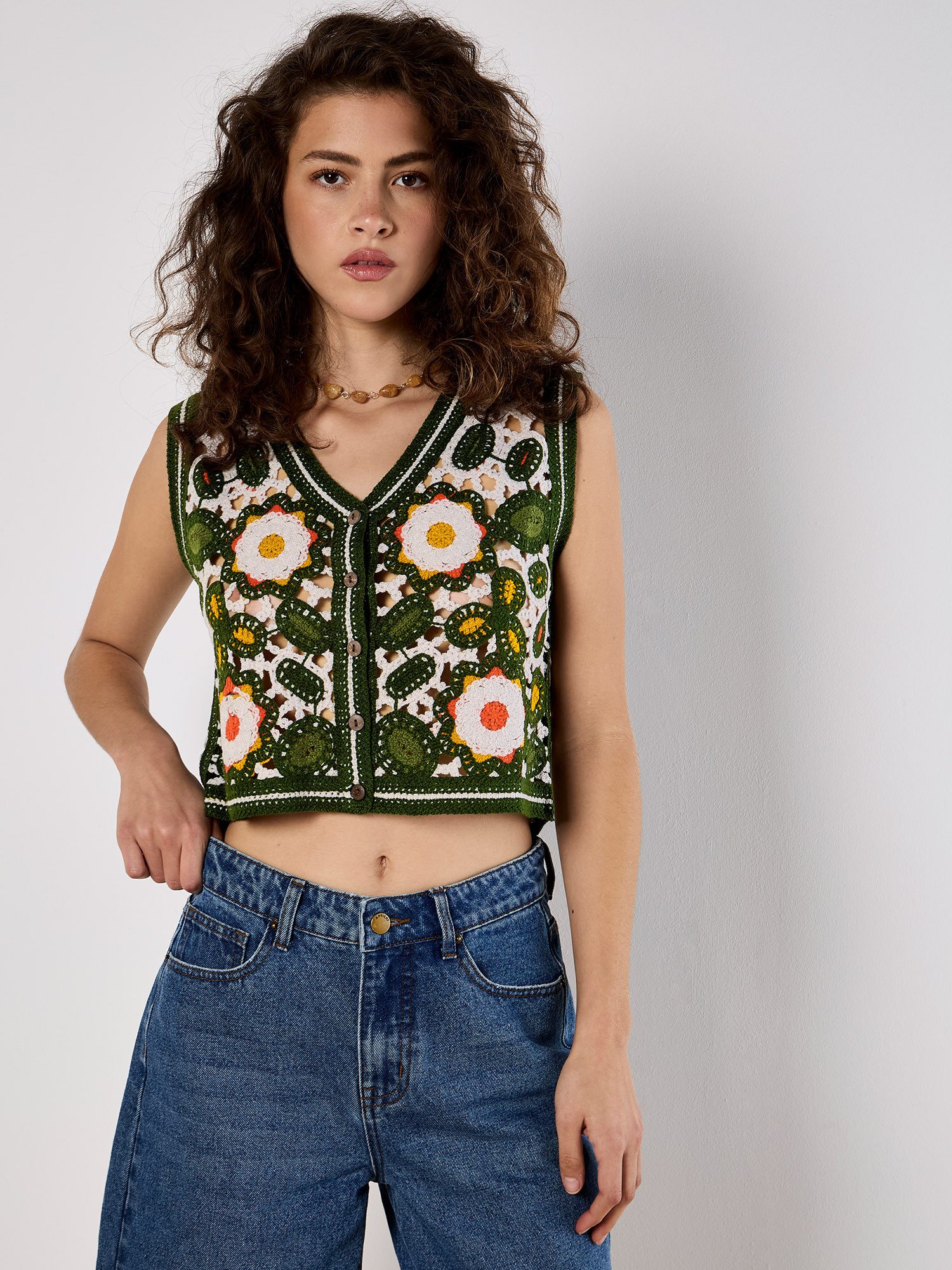 Apricot Stricktop Geblümte Häkelweste im Boho-Look