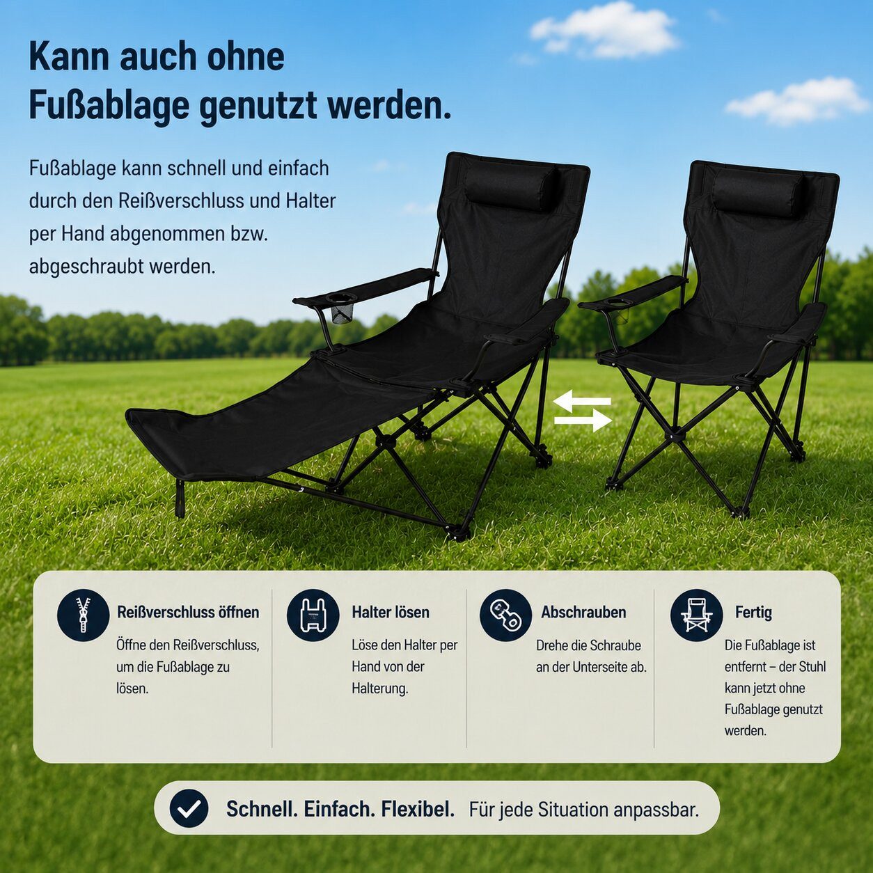 BigDean Faltstuhl Verstellbarer Campingstuhl mit Fußablage Faltbar Tragetasche (Packung, 1 St), Verstellbare Hohe Rückenlehne, Getränkehalter, 130kg Tragkraft