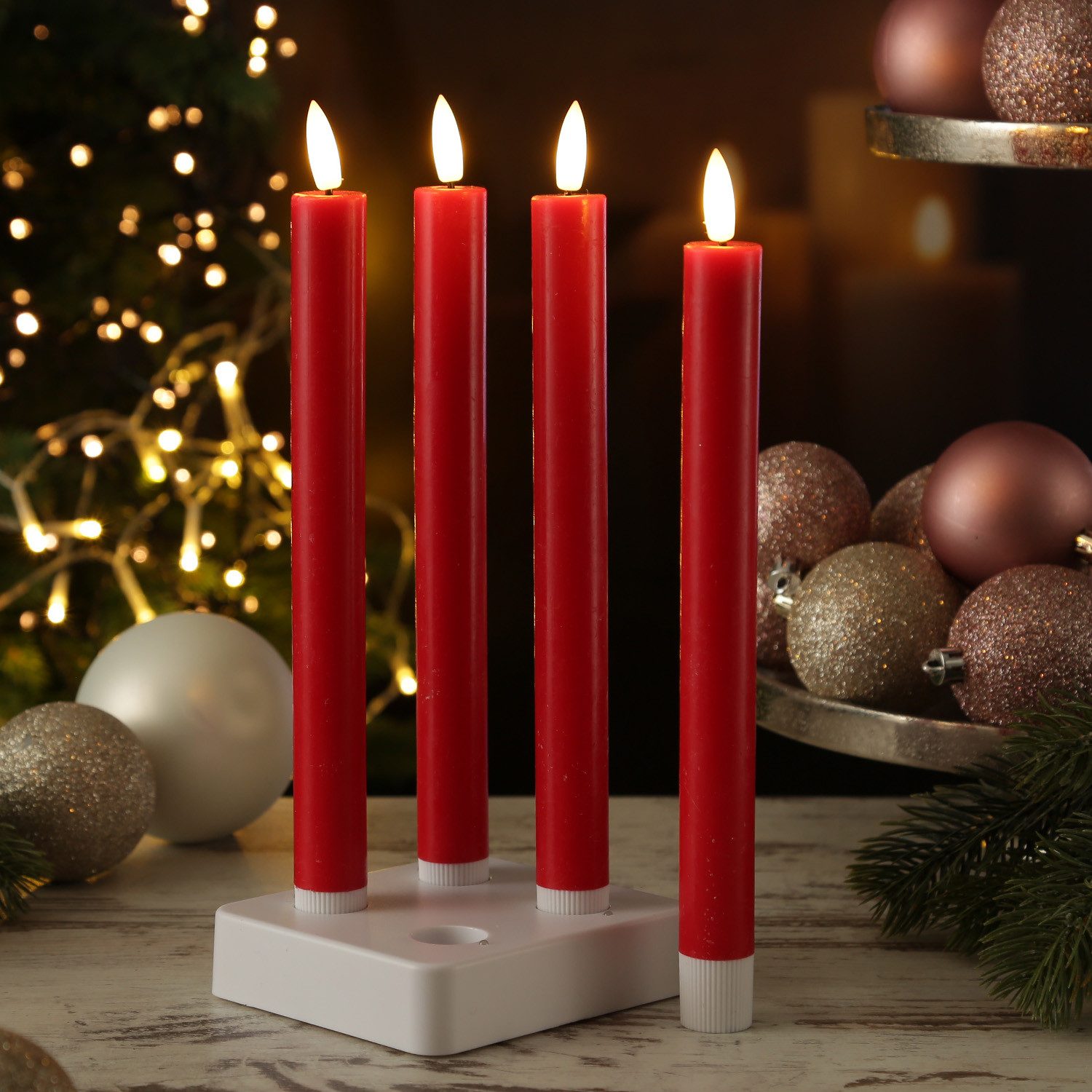 MARELIDA LED-Kerze LED Stabkerzen LISA Tafelkerzen Dinnerkerzen wiederaufladbar rot 4St., LED Classic, warmweiß (2100K bis 3000K)