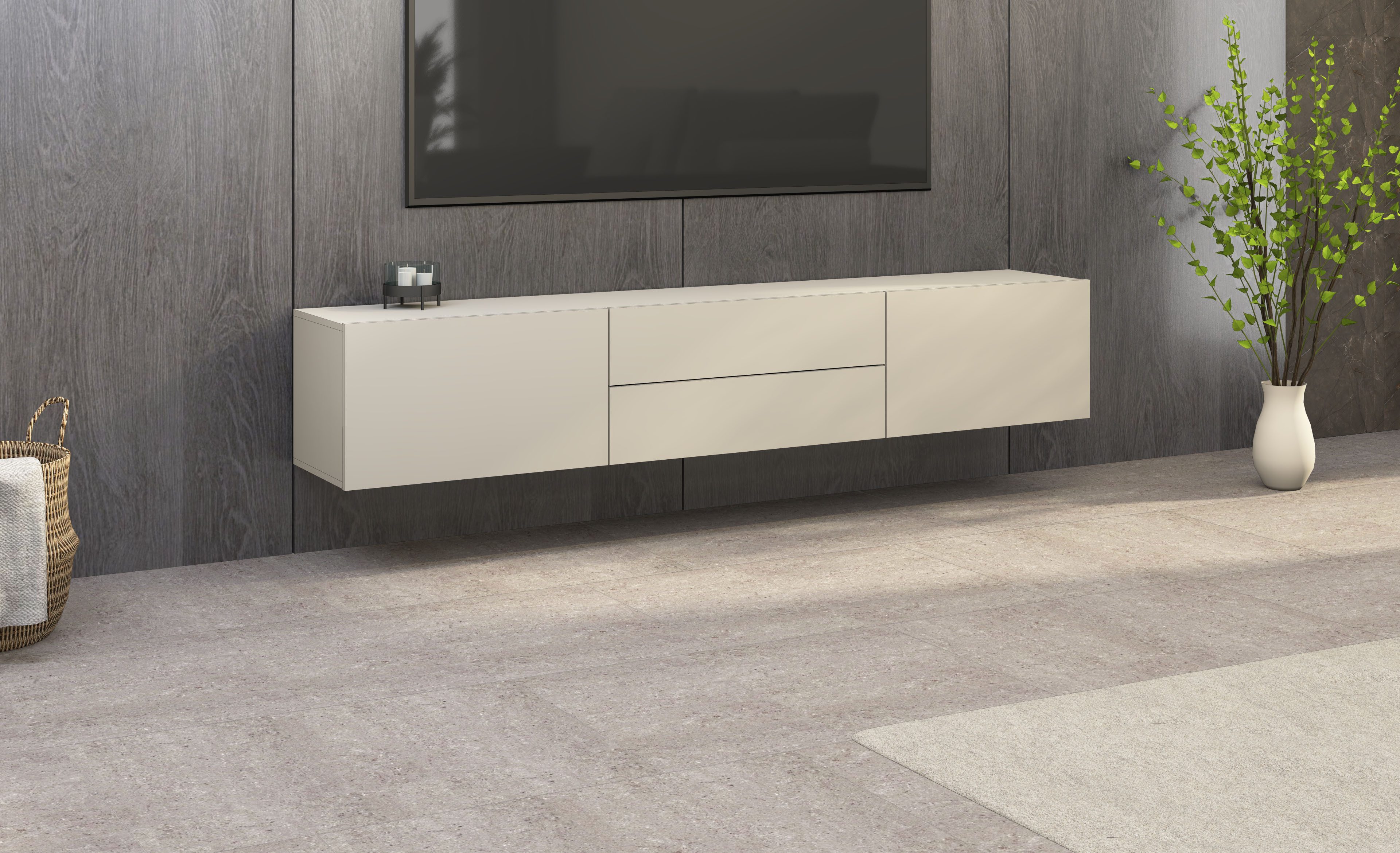 borchardt Möbel Lowboard Sophia, TV-Schrank Breite 200 cm, Breite 200 cm mit 2 Klappen und 2 Schubkästen, stehend und hängend