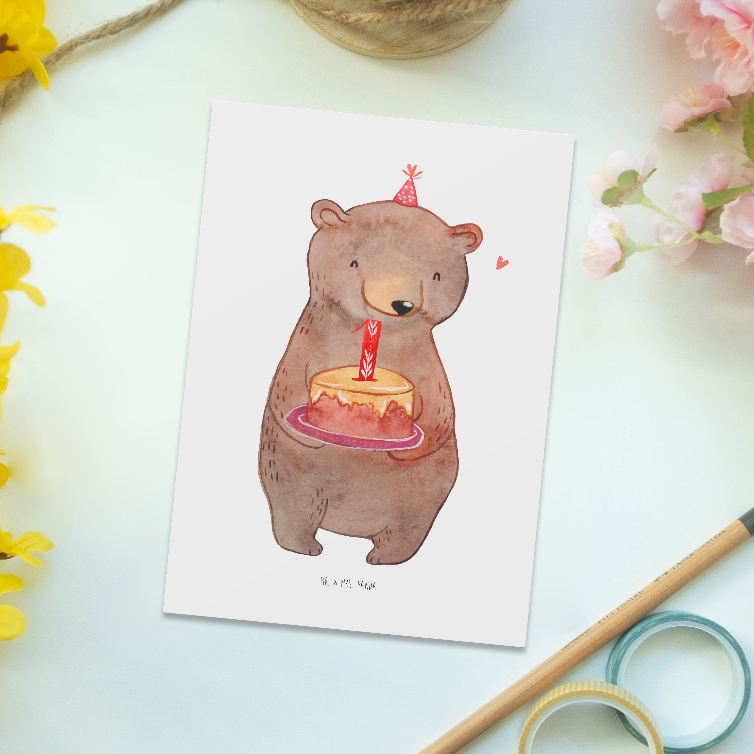 - Bi - Weiß Panda & Torte Postkarte Geschenk, Grußkarte, Mr. Karte, Mrs. Happy Geburtstag 1. Bär
