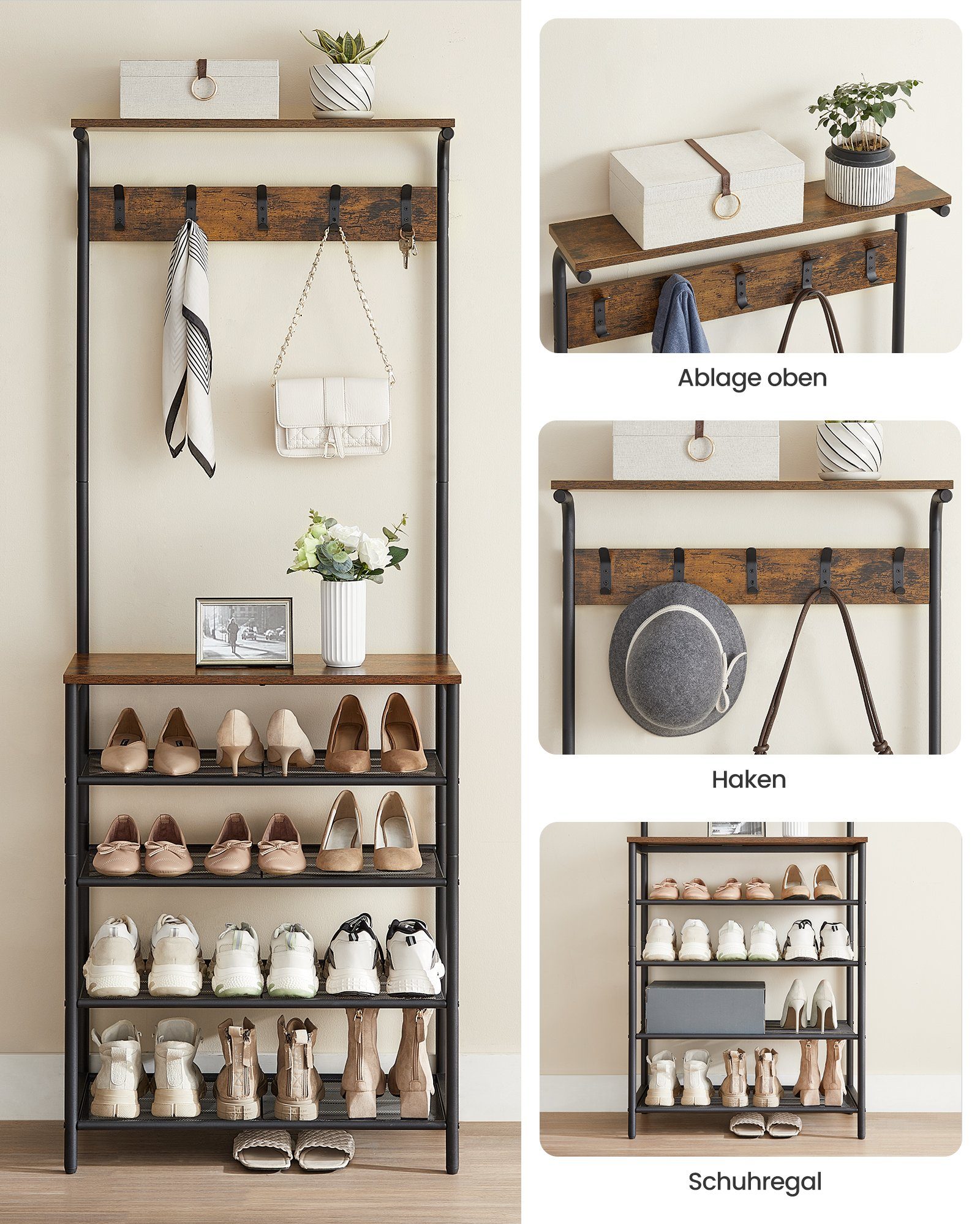 VASAGLE Garderobenständer Kleiderständer mit 5 Doppelhaken, Schlafzimmer, Flur, Industrie-Design, mit 5 Ebenen, eine Ablage oben – Bild 5 von 5