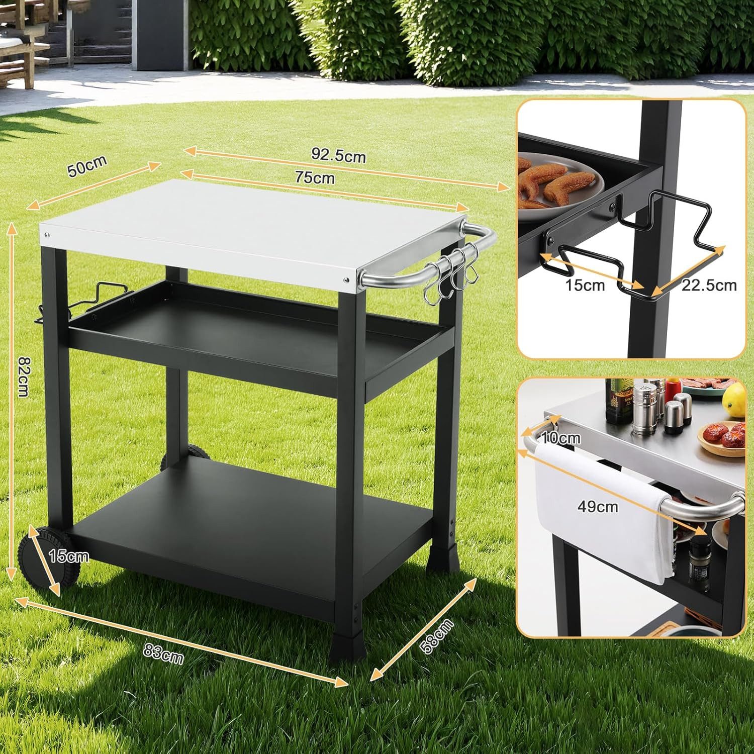 TLGREEN Grillablagetisch Edelstahl Grillwagen 3 Etagen, Grilltisch Outdoor (Garten Trolley Küchenwagen Korrosionsbeständig), BBQ Beistelltisch Beistellwagen Außenbereich