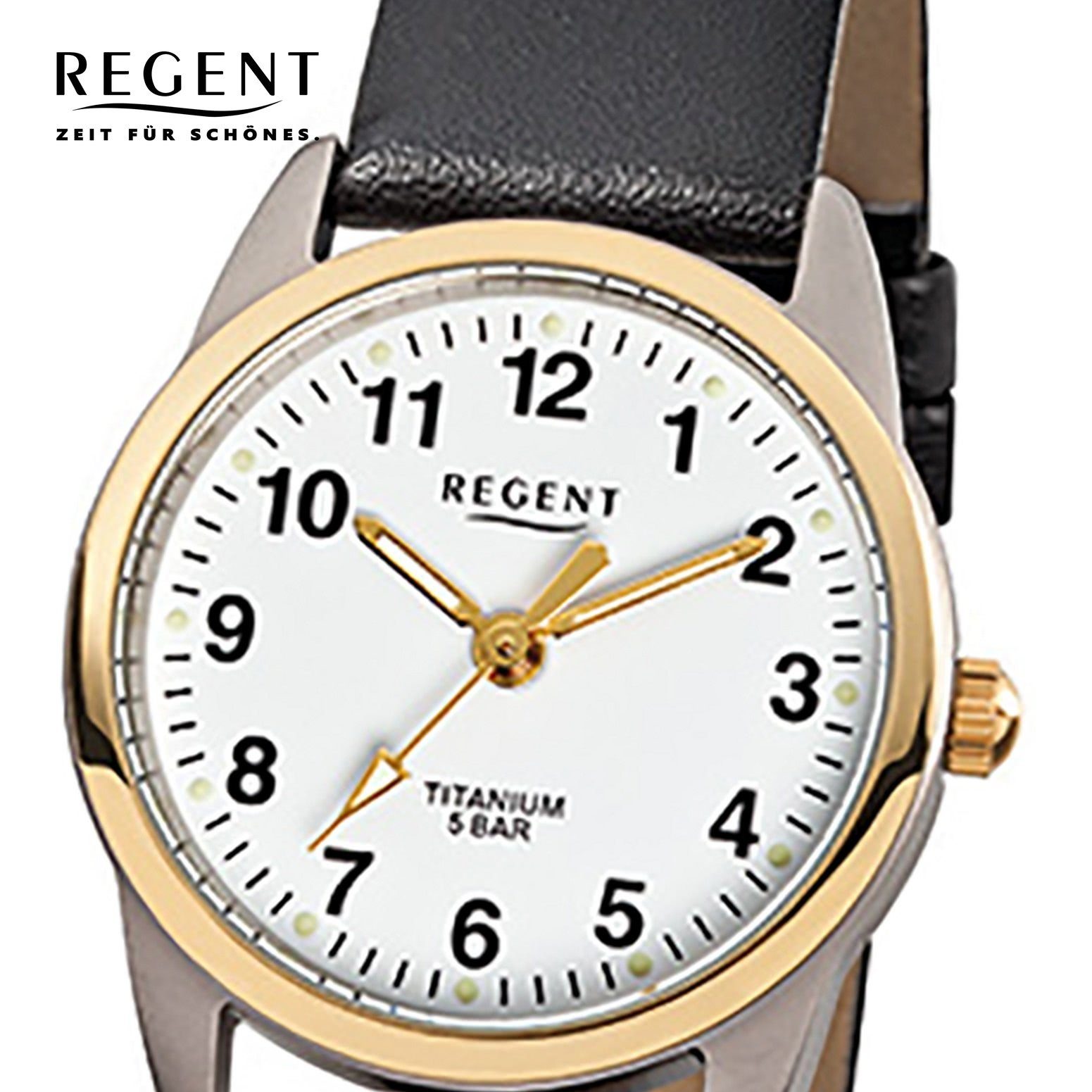 schwarz klein Regent Quarzuhr (ca. 26mm), Lederarmband, rund, Regent Leuchtzeiger Damen-Armbanduhr Armbanduhr Analog, Damen