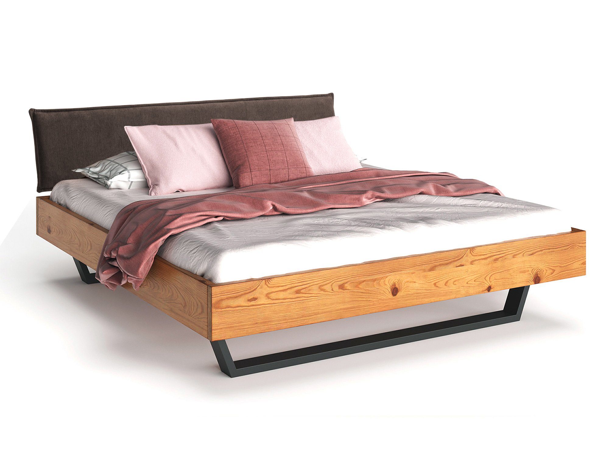 Moebel-Eins Massivholzbett, CURBY Kufenbett mit Polster-Kopfteil, Material Massivholz, rustikale Altholzoptik, Fichte, Kufen schwarz