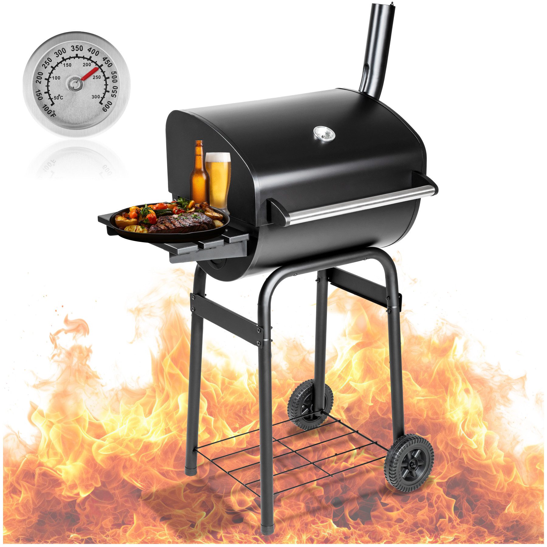 tectake Holzkohlegrill Smoker mit Deckel und Thermometer, mit 2 Rädern
