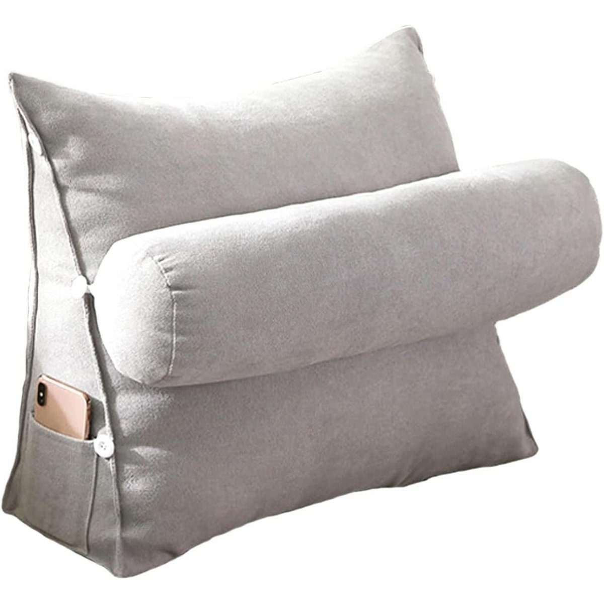 götäzer Rückenkissen Dreieckiges Kissen als Nachttischkissen, Mit Seitentaschen, Bett-Nackenkissen und Rückenlehne (45 cm) Grau