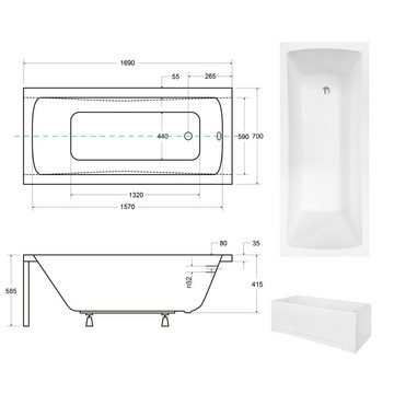 KOLMAN Badewanne Rechteck Optima Premium 170x70, (Kopfstütze Handgriffen), Acrylschürze Styroporträger, Ablauf VIEGA & Füße GRATIS