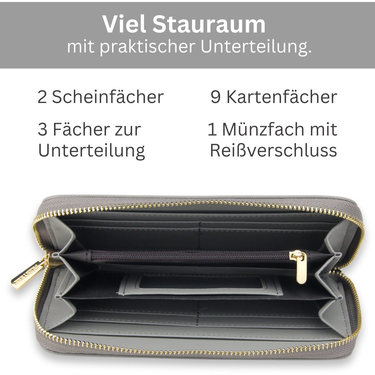 Frentree Geldbörse Damen Portemonnaie mit Rundum-Reißverschluss, 9 Karten, Handyfach, mit 3 große Fächer und RFID-Schutz,inkl. Geschenkbox