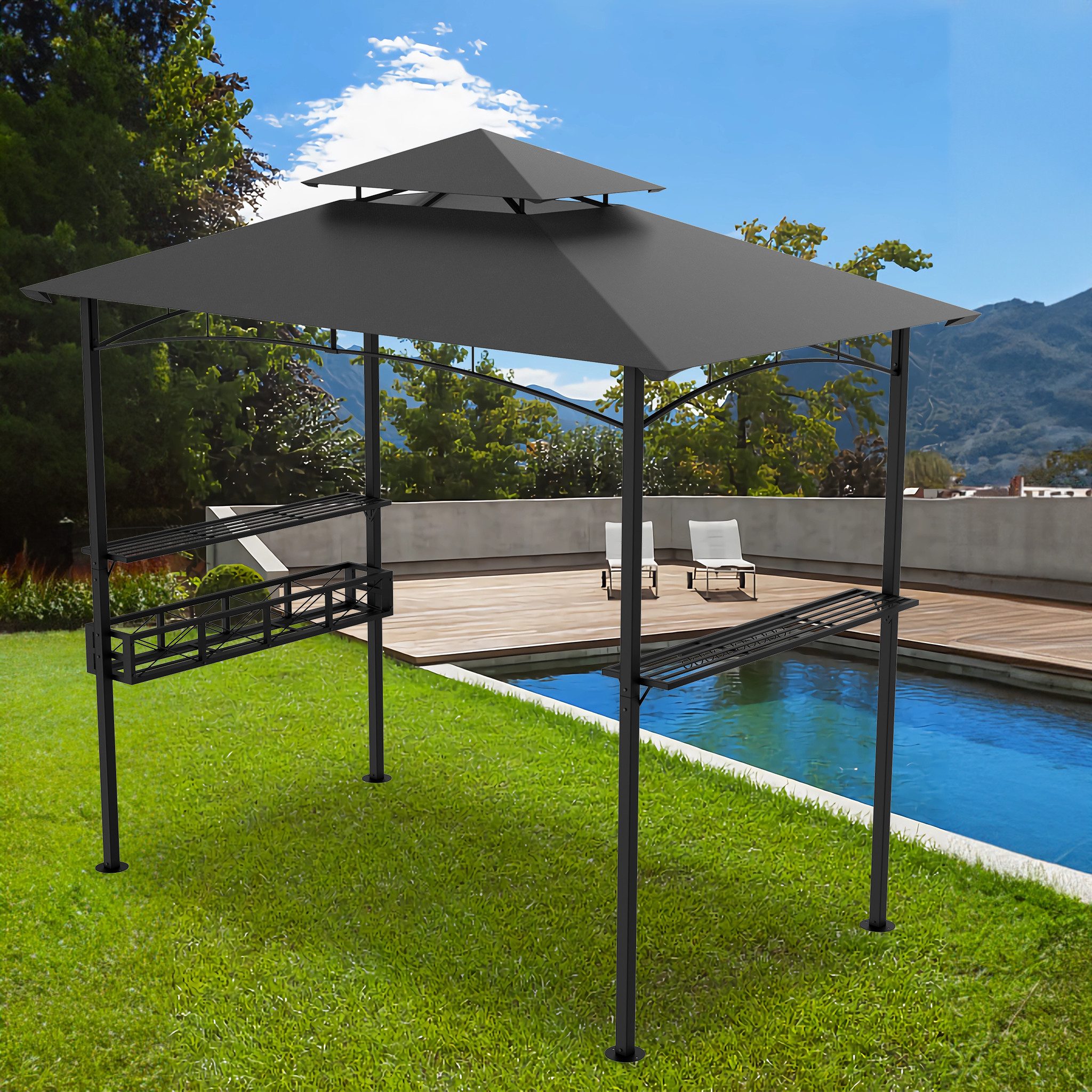 FIVMEN Grillpavillon Grillhaus mit Doppeldach & Ablagen, 2,45 x 1,53 m, Grau
