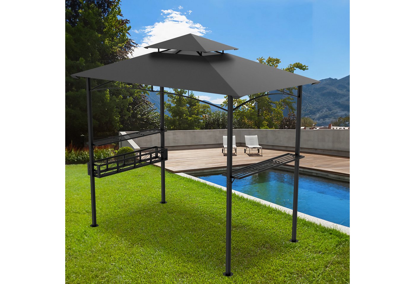 FIVMEN Grillpavillon Grillhaus mit Doppeldach & Ablagen, 2,45 x 1,53 m, Grau