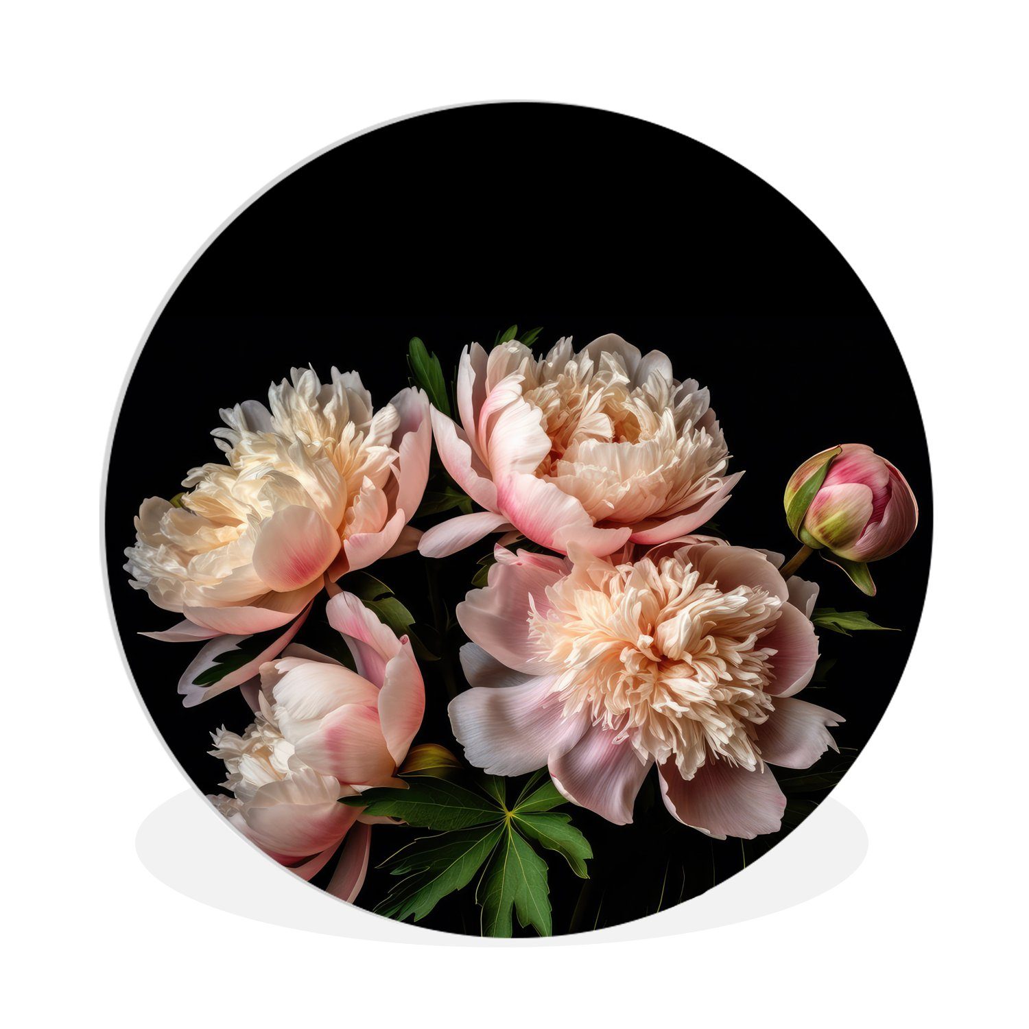 MuchoWow Gemälde Pfingstrosen - Blumen - Natur - Rosa - Weiß, (1 St), Kreis Wanddekoration Forex, Rundes Wandbild, Wohnzimmer, 30x30 cm | Gemälde