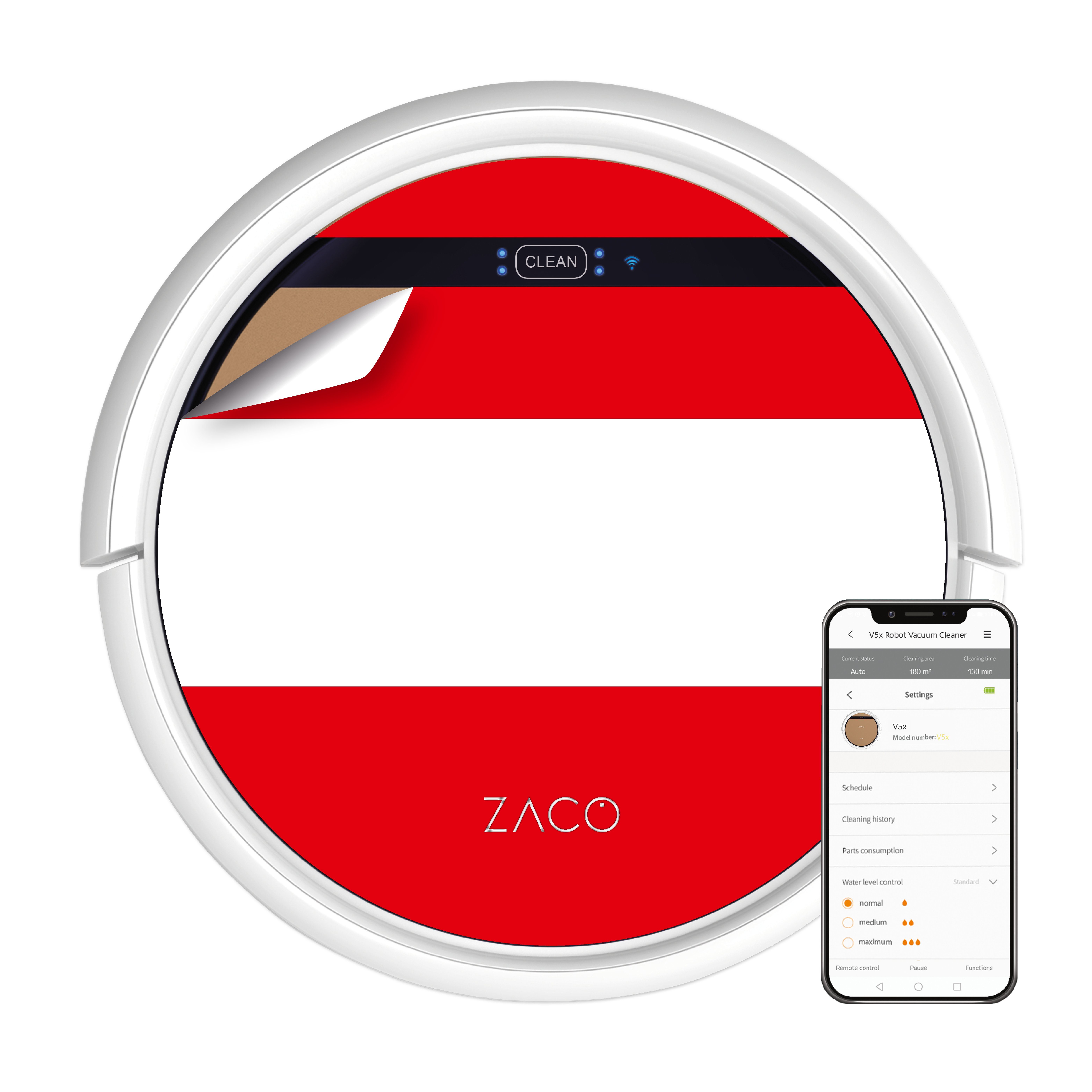 ZACO Nass-Trocken-Saugroboter V5x, 22 W, Saugroboter Österreichische Flagge App, Sprachsteuerung, beutellos, Tierhaare mit Alexa Wischfunktion