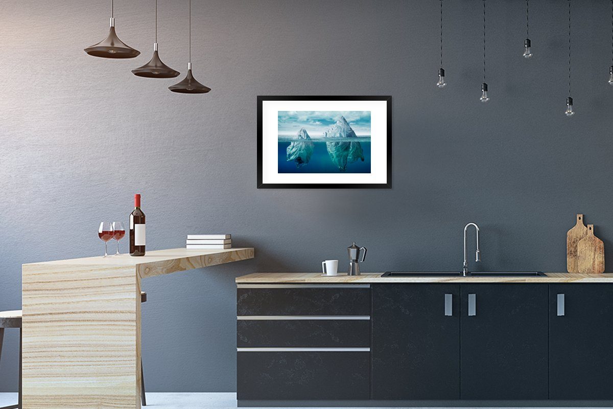 MuchoWow Poster Meer - Eisberg - Plastiktüten, (1 St), mit Rahmen, Kunstdruck, Gerahmtes Poster, Schwarzem Bilderrahmen