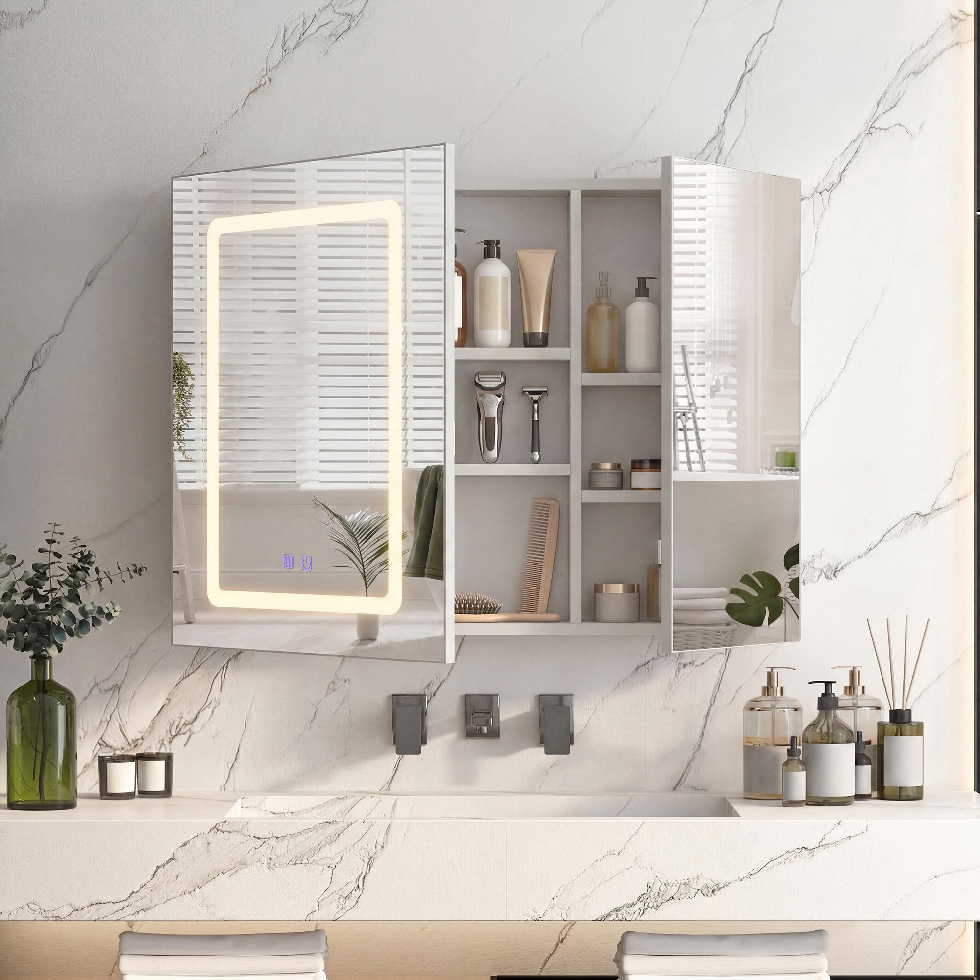 Simurq Spiegelschrank Bad mit Beleuchtung und offene Regal, Anti-Beschlag, 1 Türen (Badschrank mit Spiegel & verstellbare Ablagen) Badezimmerspiegelschrank Hängeschrank