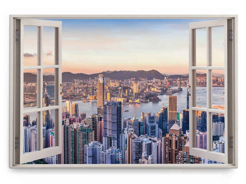 Sinus Art Leinwandbild Wandbild 120x80cm Fensterbild Hongkong Skyline Hochhäuser Megacity Son, (1 St)