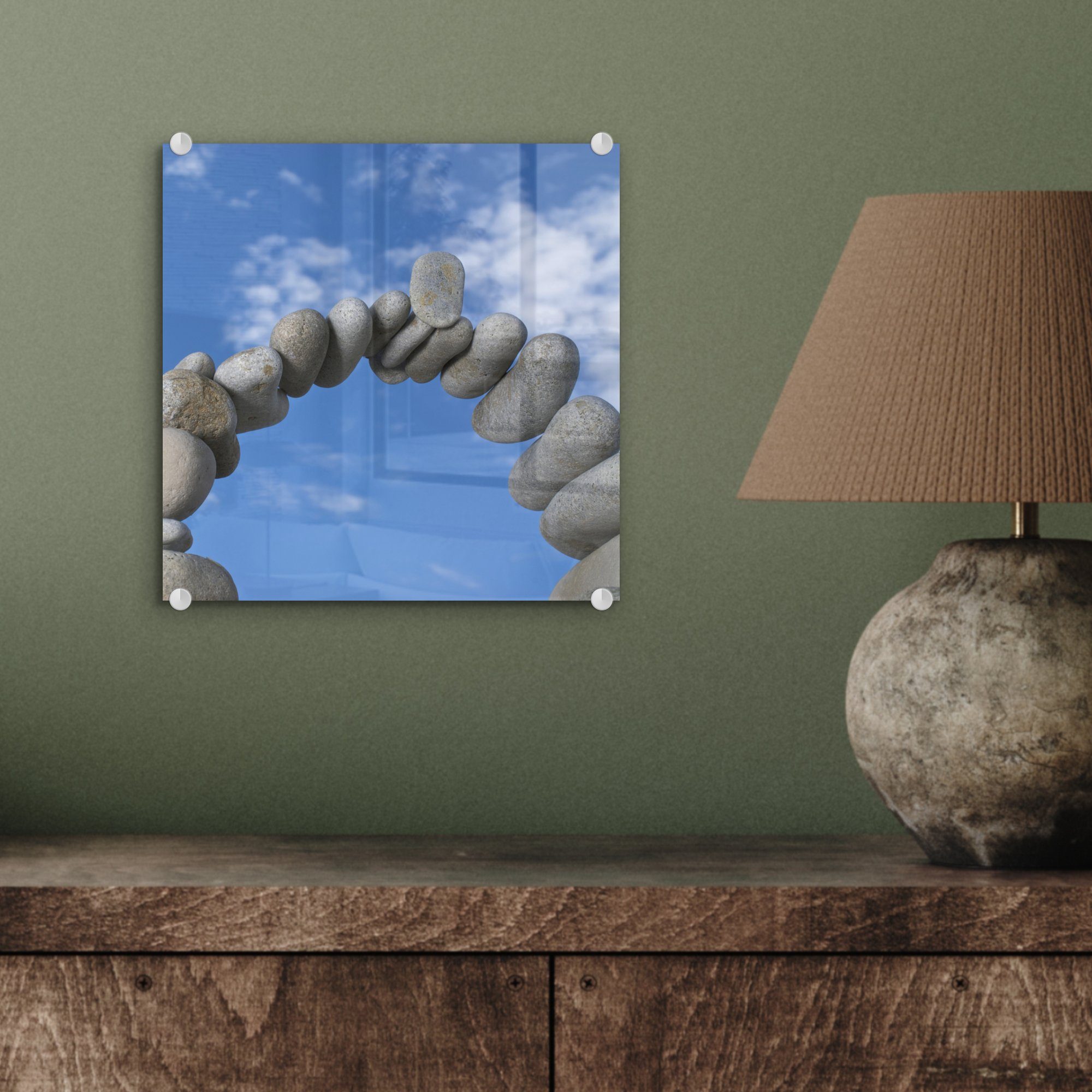 MuchoWow Acrylglasbild - St), Himmel auf auf - (1 Wanddekoration Glas unter blauem - Wandbild Foto Bilder Glasbilder Wolken, Glas Steinbogen Ein mit