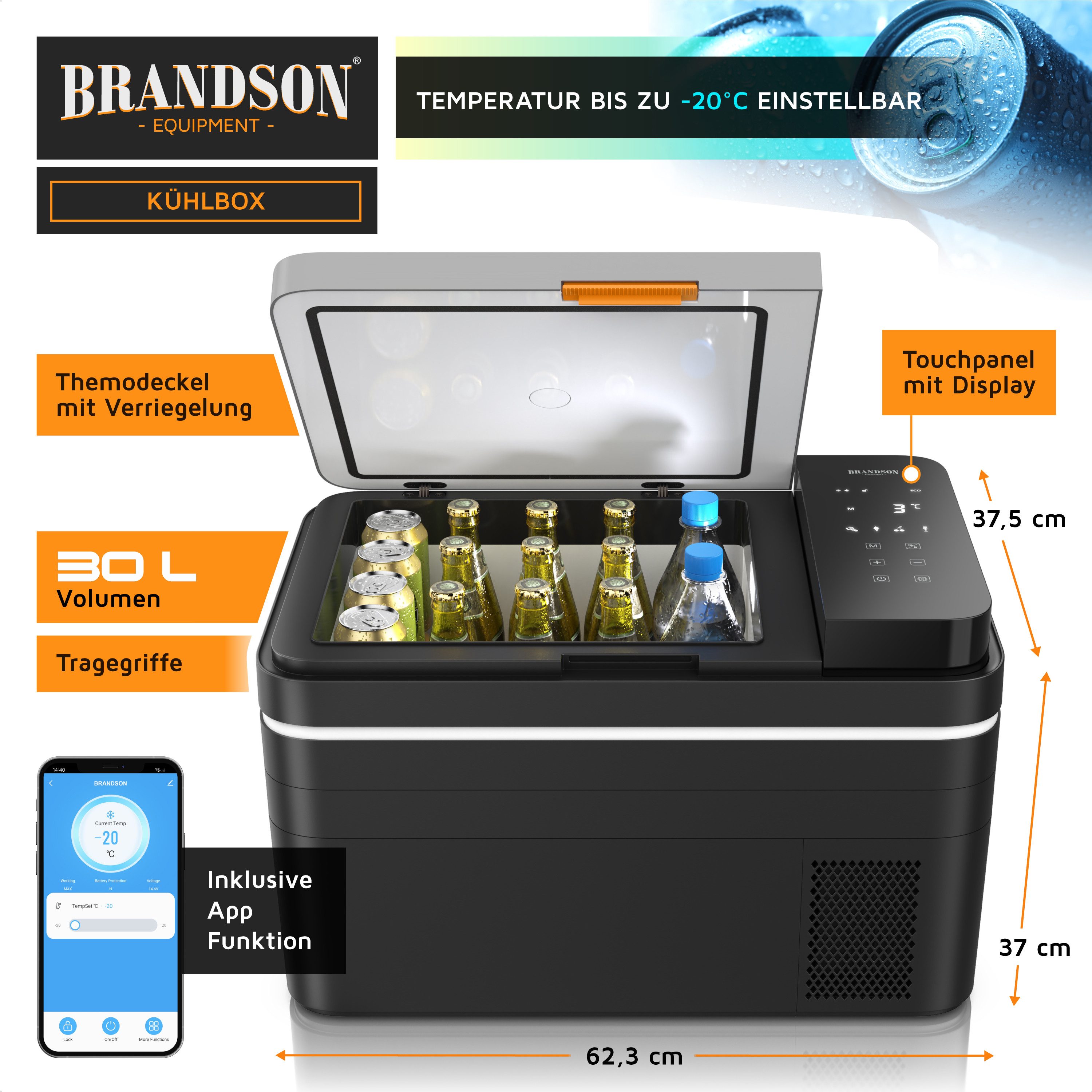 Brandson Elektrische Kühlbox Kompressor Kühlbox, bis – 20°C, ECO Modus, 30 L, für Auto & Haus, 30 l, APP-Steuerung, UV-Sterilisation, Batterieschutz, 230 V, 12 V, 24 V