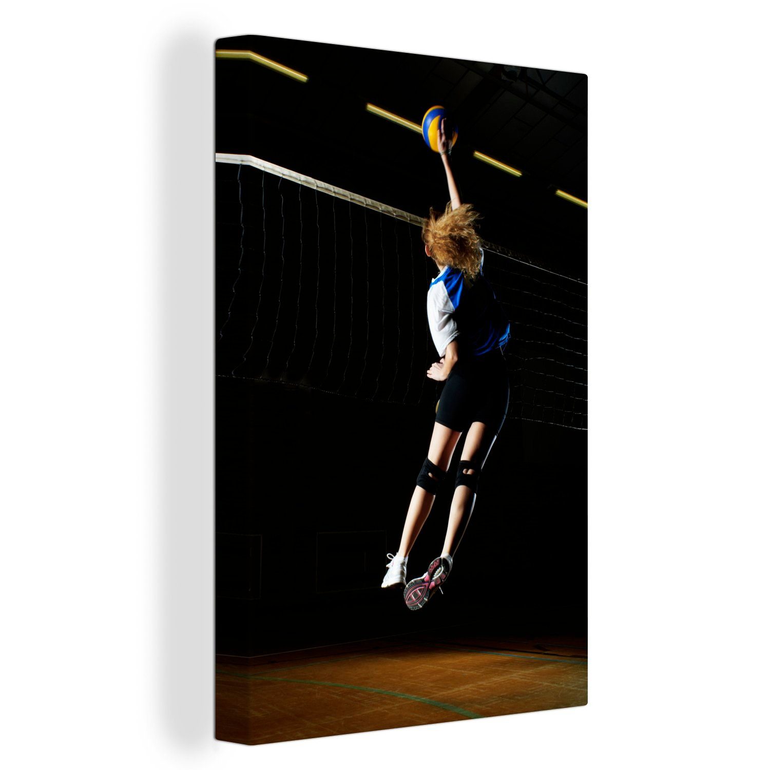 OneMillionCanvasses® Leinwandbild Volleyballstar schlägt den Ball über das Netz, (1 St), Leinwandbild fertig bespannt inkl. Zackenaufhänger, Gemälde, 20x30 cm