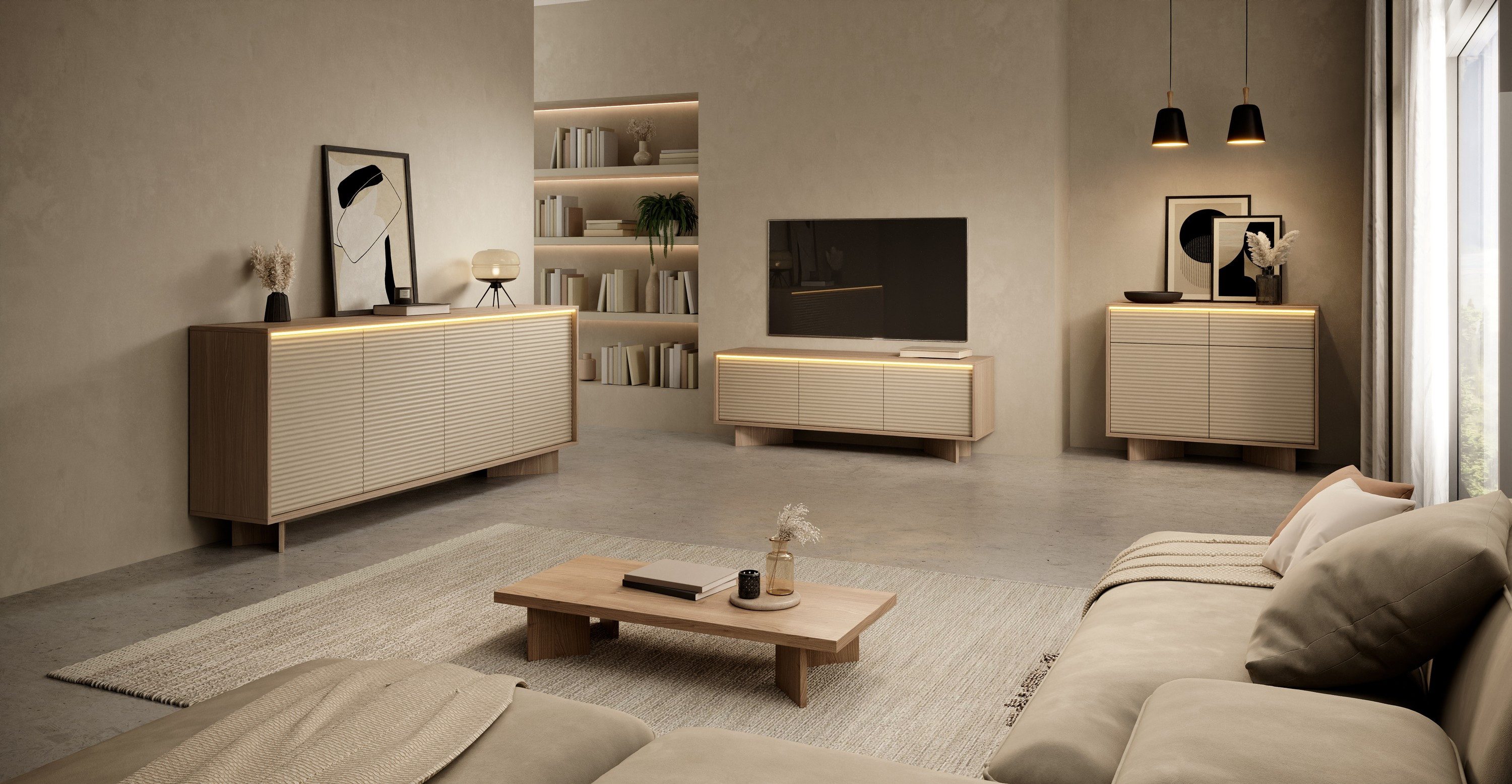 Masseno Lowboard RIGATO 153,9 cm TV-Schrank mit 3 Türen Beige