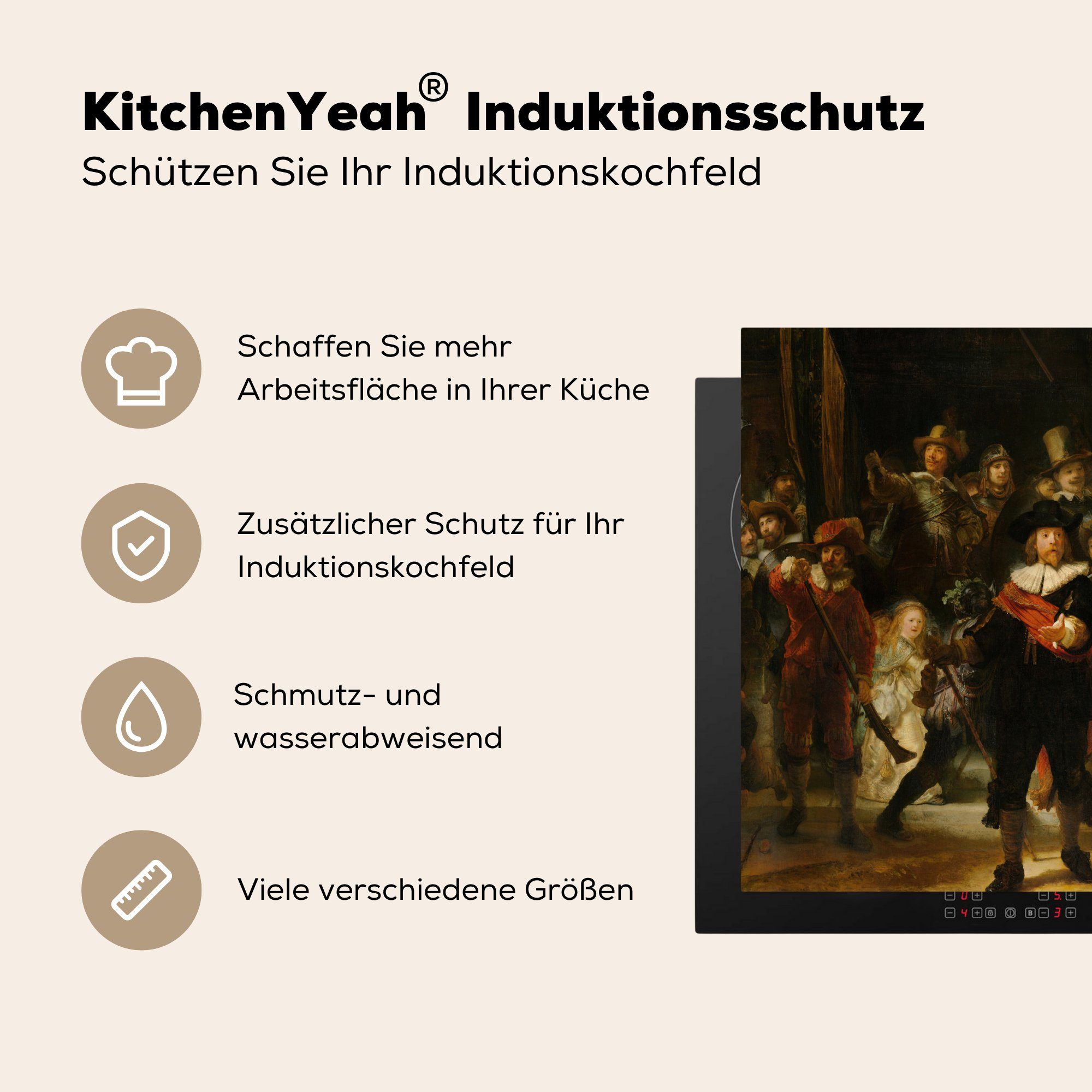MuchoWow Herdblende-/Abdeckplatte von Vinyl, cm, (1 59x52 für die Gemälde küche, tlg), van Induktionsmatte - Ceranfeldabdeckung Rembrandt Rijn, Nachtwache Die