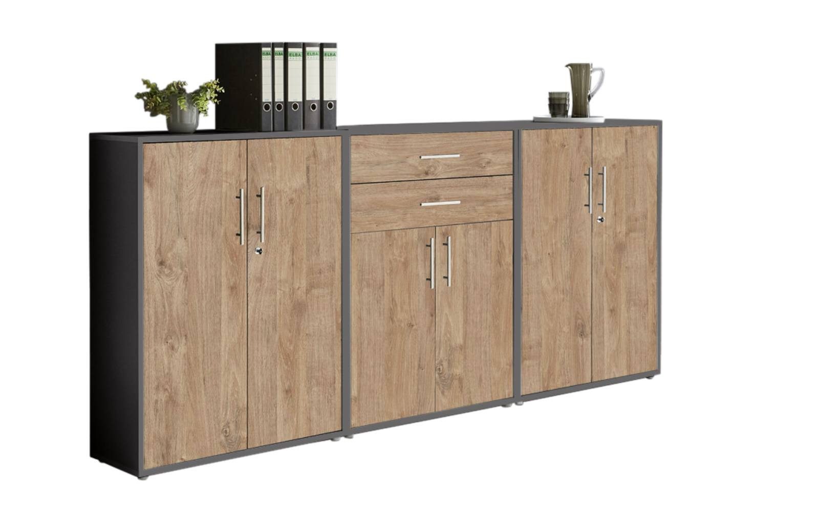 BMG Möbel Aktenschrank Office Edition (Set 15, Büroschrank abschließbar mit Metallgriffen, 2x abschließbarer Aktenschrank, 1x Schubkastenschrank) BxHxT:253,2 x 113,6 x 33 cm, Made in Germany
