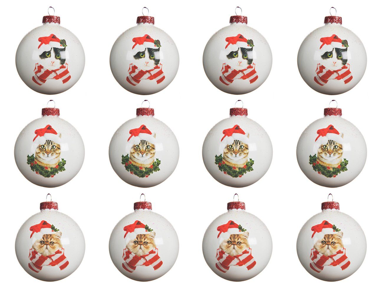 Decoris season decorations Weihnachtsbaumkugel, Weihnachtskugeln Glas mit Katzen Motiv 8cm weiß, 12er Set