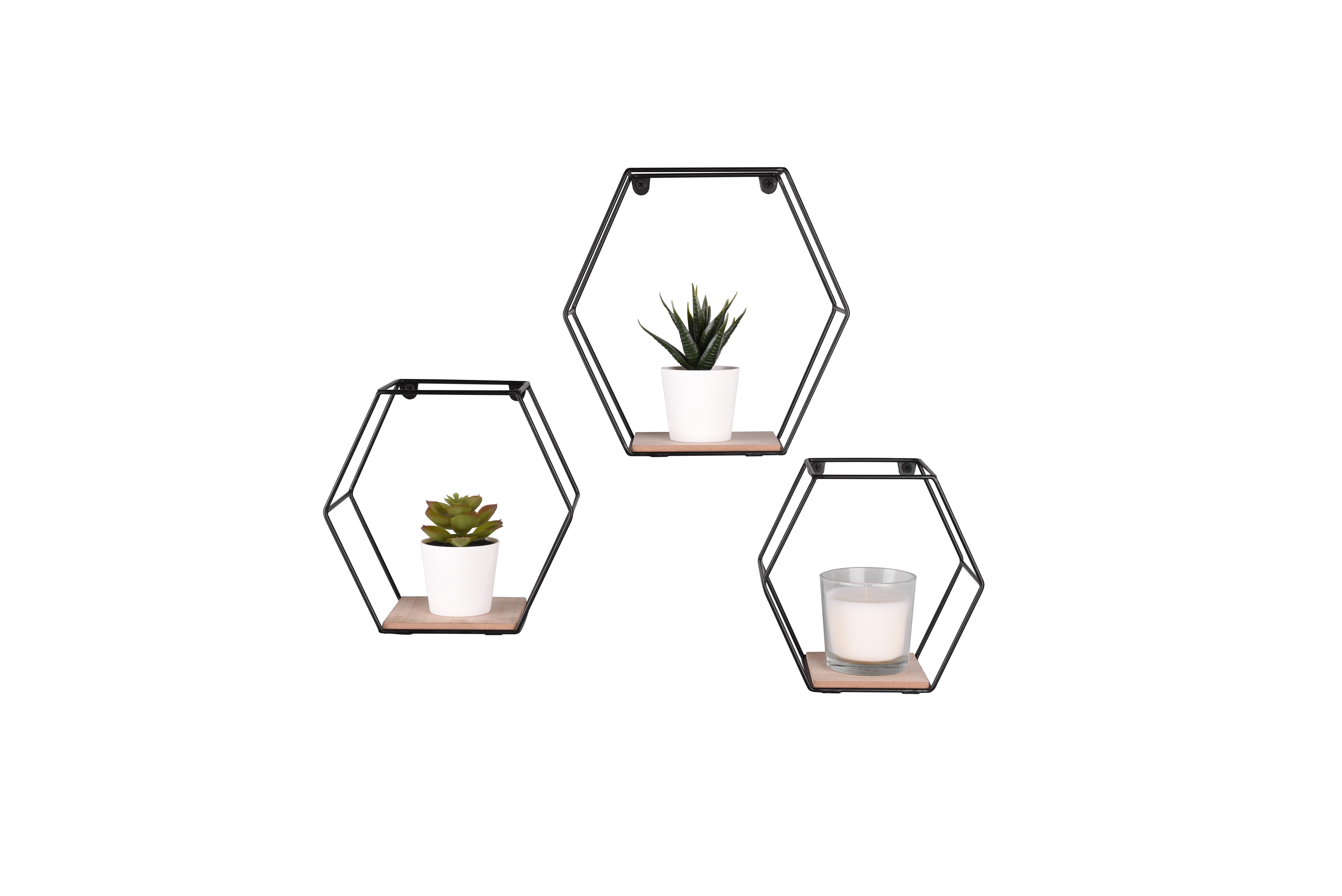 furnling Ablageregal Ciara, 3-tlg., Wandregal-Set in Hexagonform, aus Holz und Metall