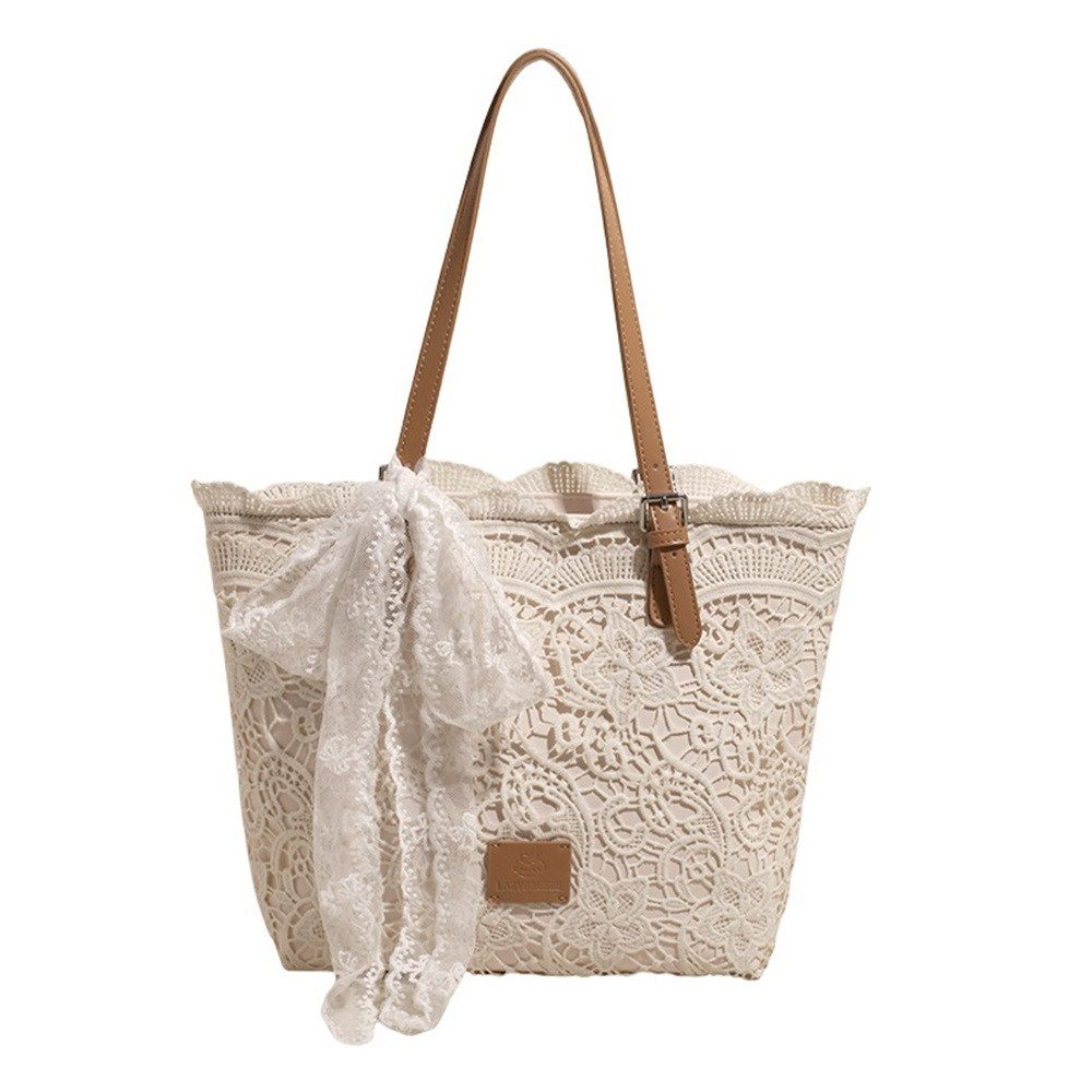 MOPUEA Strandtasche Schultertasche mit dekorativem Schal Häkeldesign für Alltag& Strand (Schultertaschen-Set, Schultertasche mit abnehmbarem dekorativem Spitzenschal), Verstellbar, Spitze, groß, Reißverschluss, leicht, Sommerstil