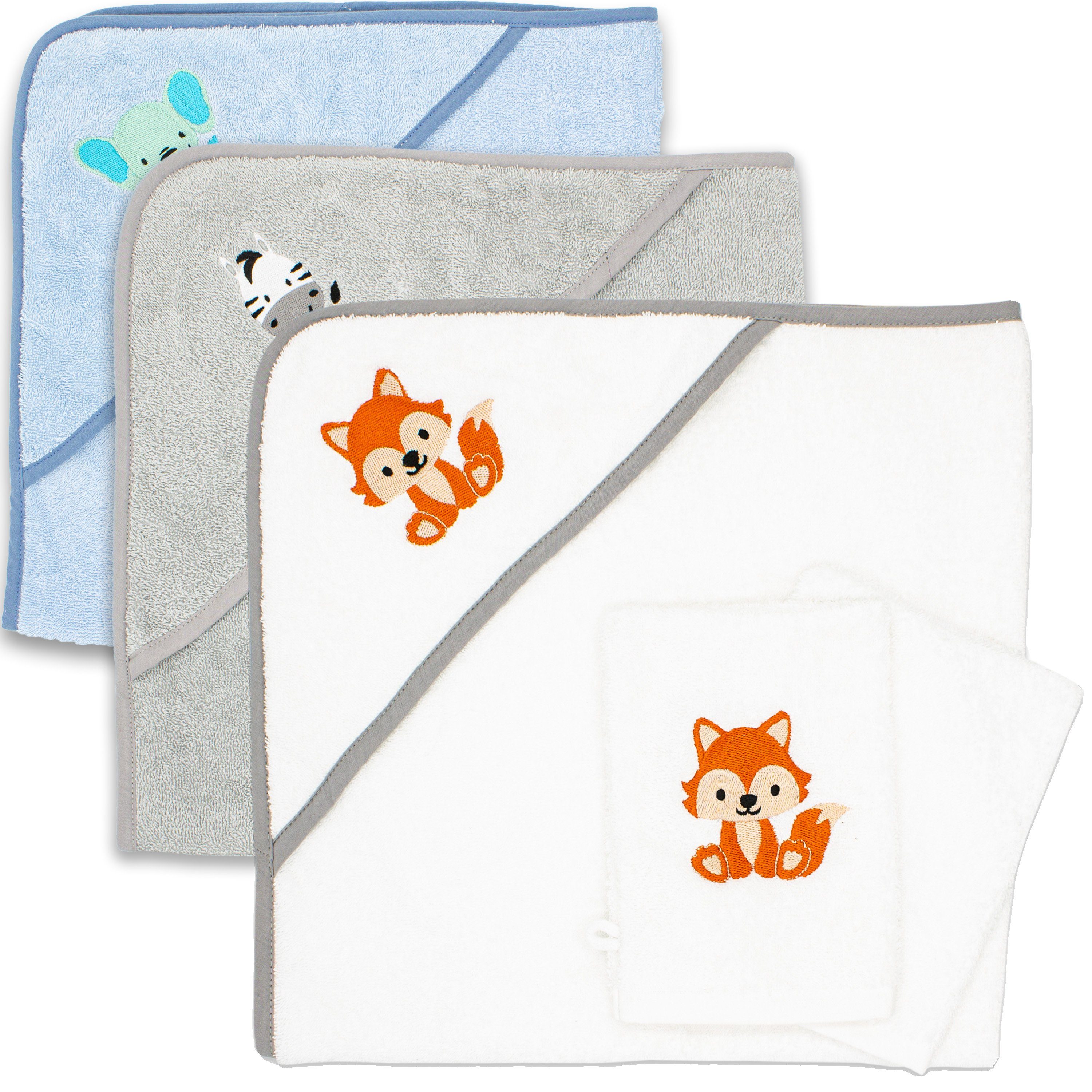 Babykajo Kapuzenhandtuch, Frottee (1, 1-St), Kuschliges Baby Handtuch mit Waschlappen Fuchs weiß