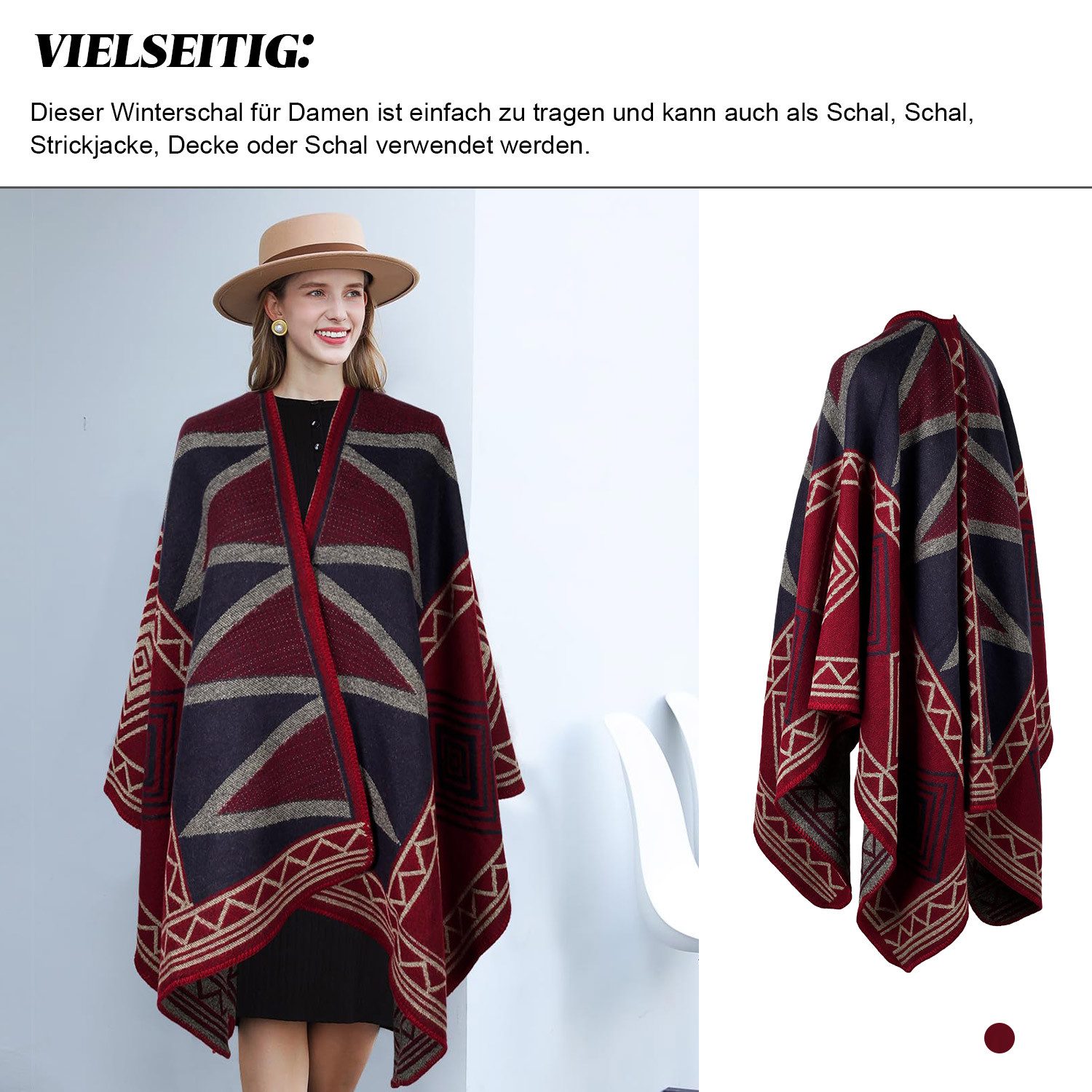Refttenw Poncho Warmer Damen-Tuch,Vorne öffnender Tuch,Schal mit unregelmäßigem Muster