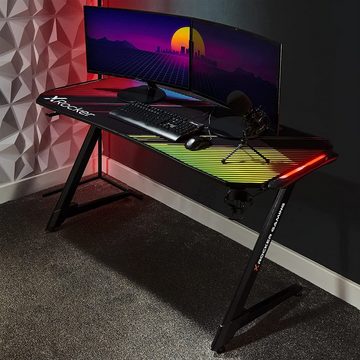 X Rocker Gamingtisch Jaguar Aluminium Carbon Gaming Tisch mit Neo Motion LED-Beleuchtung, Kabelmanagement, Becher- & Headsethalter, 150 x 59 x 75 cm