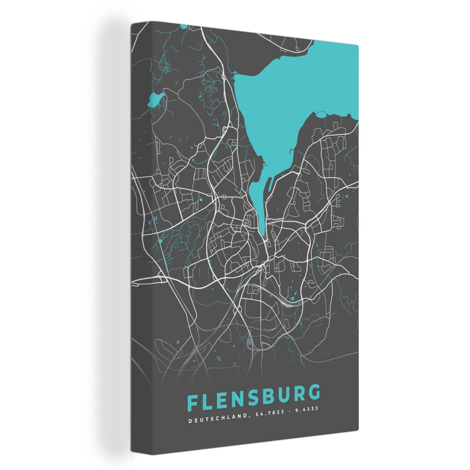 OneMillionCanvasses® Leinwandbild Deutschland Blau (1 bespannt Leinwandbild Gemälde, - cm inkl. - Karte Flensburg Karte, 20x30 Stadtplan St), - fertig - Zackenaufhänger, 