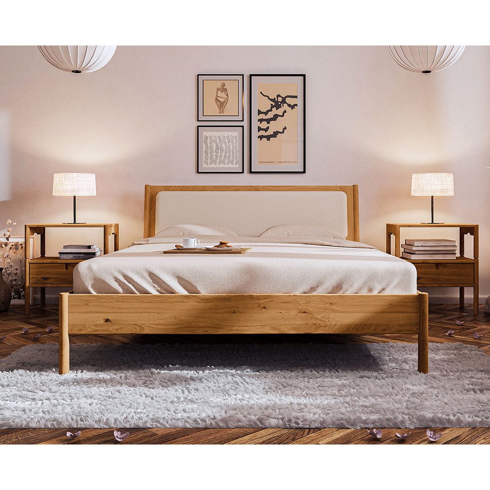 Lomadox Schlafzimmer-Set PORI-165, (Spar-Set, 3-tlg., Bettgestell Nachttische), Bett 160x200cm, Polsterkopfteil, Wildeiche geölt, Echtholz/Massivholz