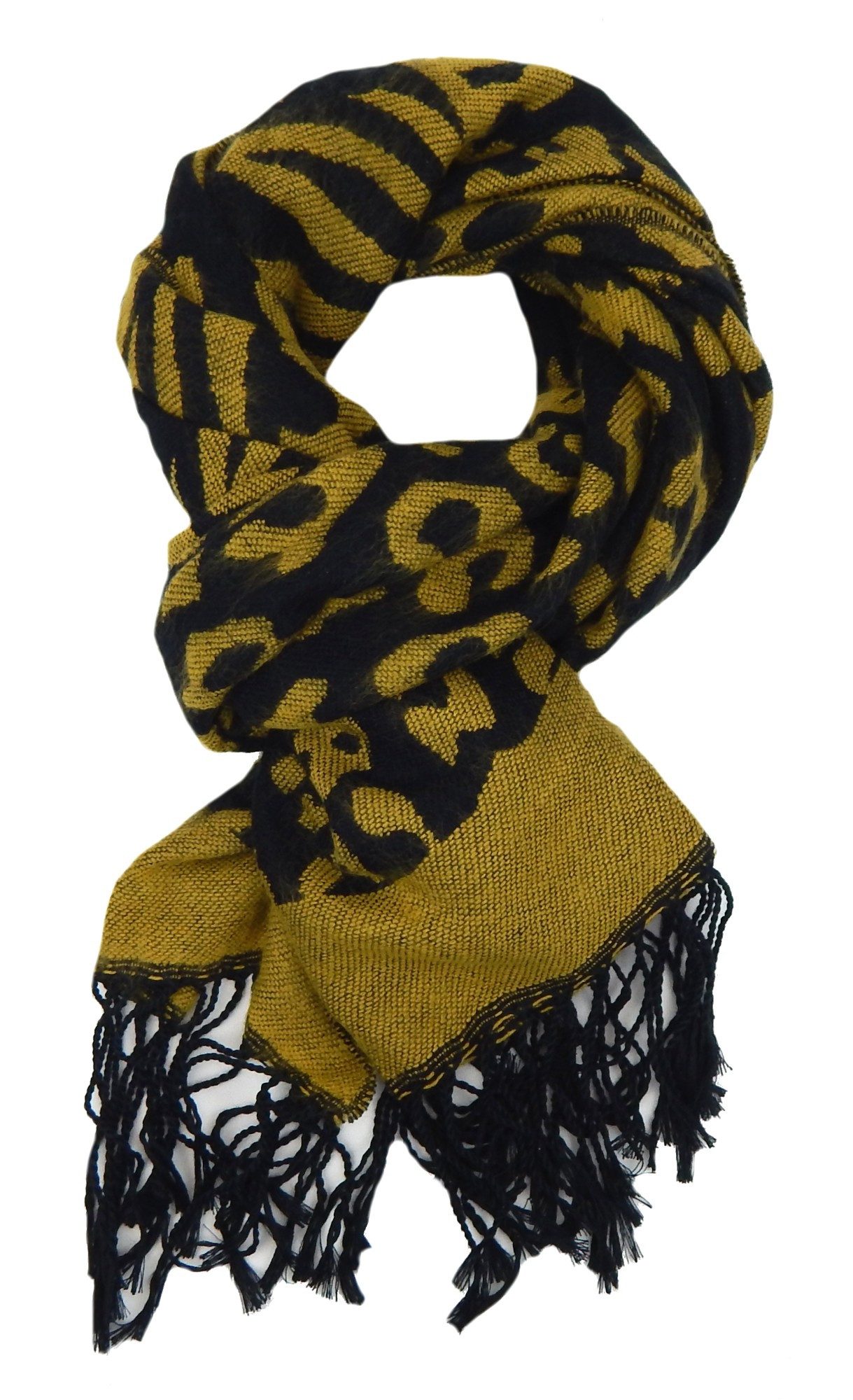 Ella Jonte Modeschal, Leopard Schal braun schwarz oder gelb Winterschal mit Fransen
