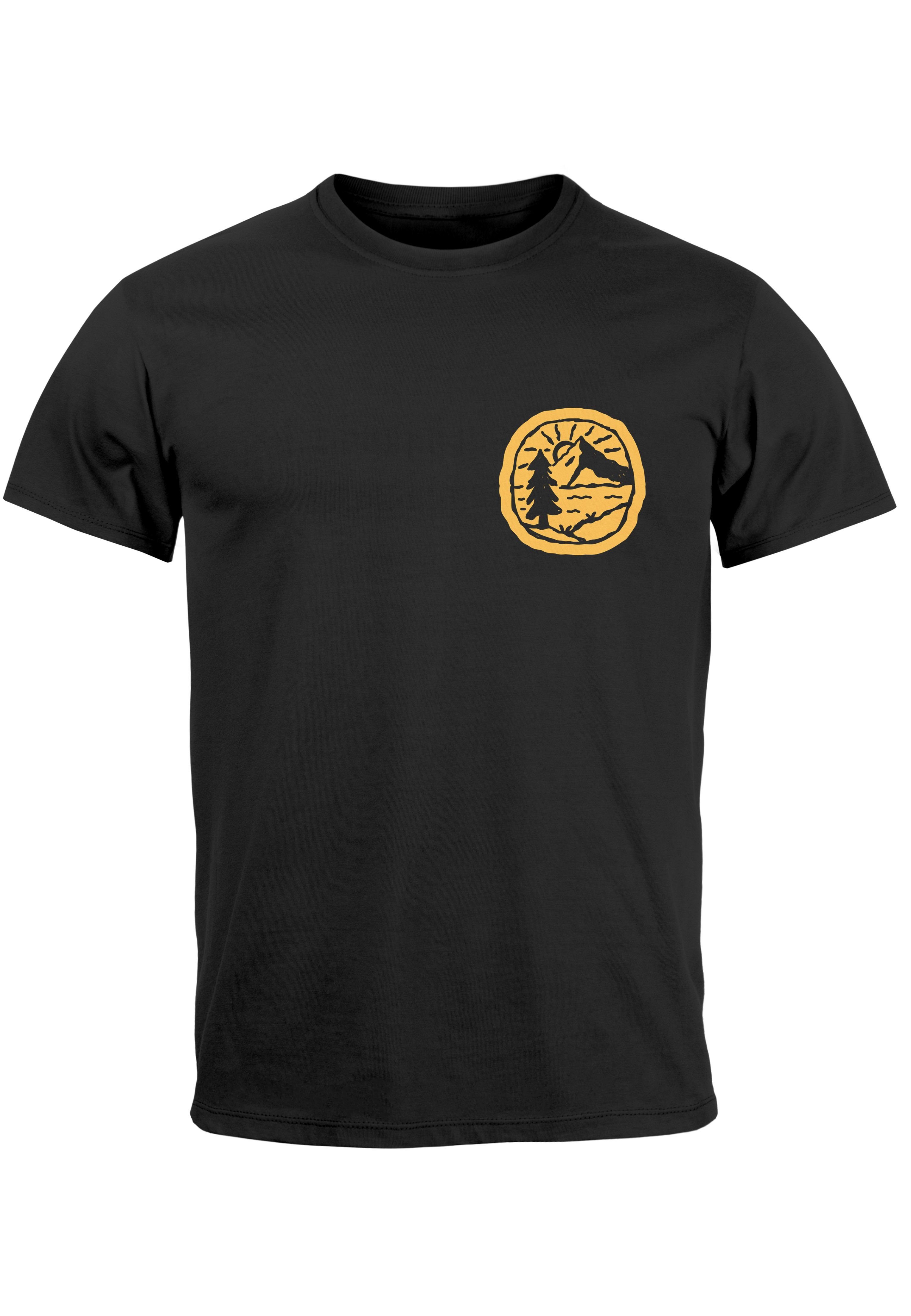 Neverless Print-Shirt Herren T-Shirt Print Logo Badge Landschaft Natur Berge Wandern Outdoor mit Print schwarz