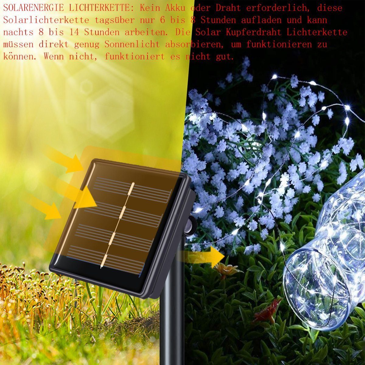 LETGOSPT LED Solarleuchte Solar 100/200 Solar Party Innen Garten Lichterkette, Dekor Wasserdicht LED warmweiß, Außen 100LED Weiß-10m Kupferdraht Mehrfarbig, integriert, LEDs bunt, fest kaltweiß, IP65