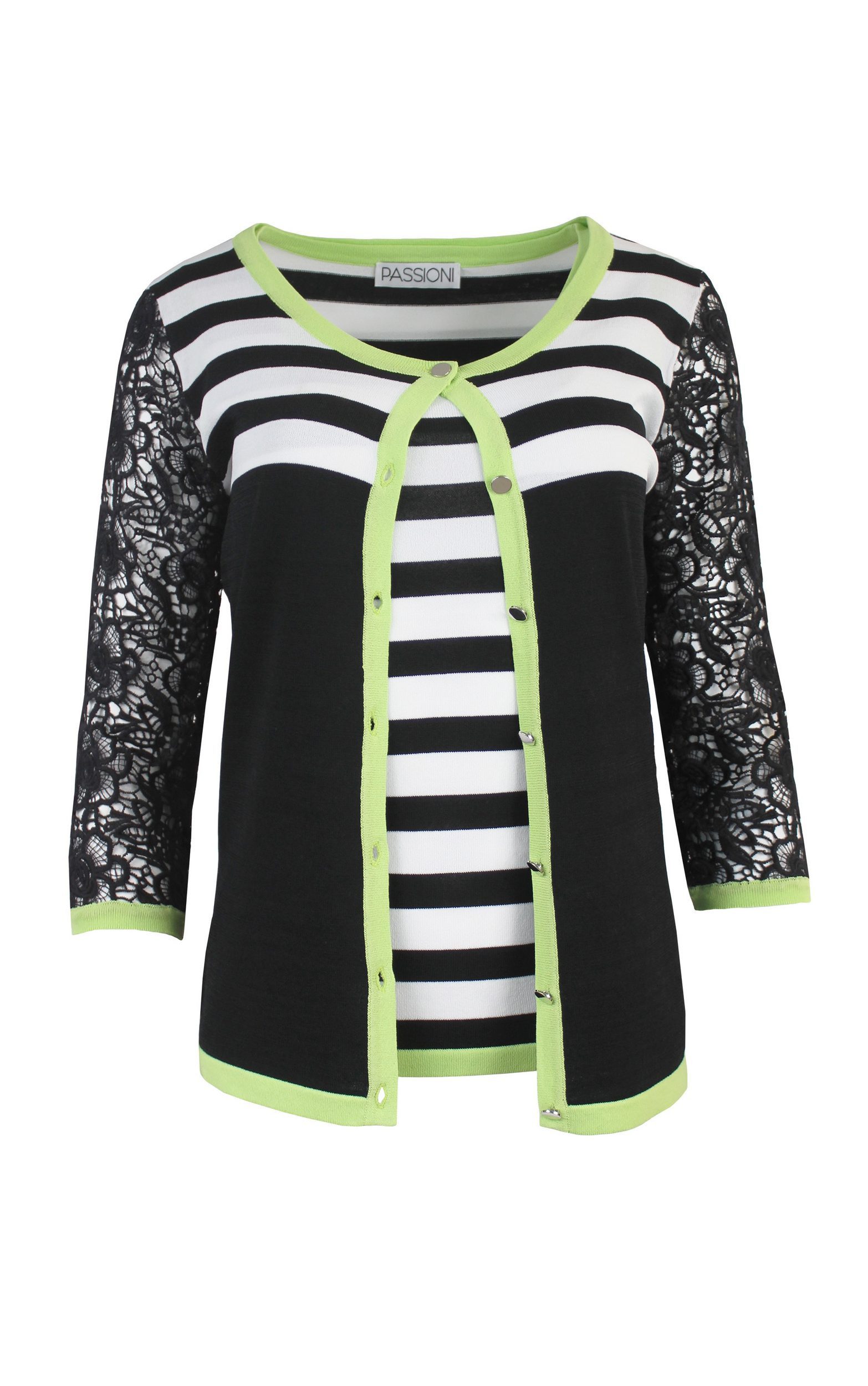Passioni 2-in-1-Strickjacke Twinset mit weißen Streifen und Spitzeärmeln günstig online kaufen