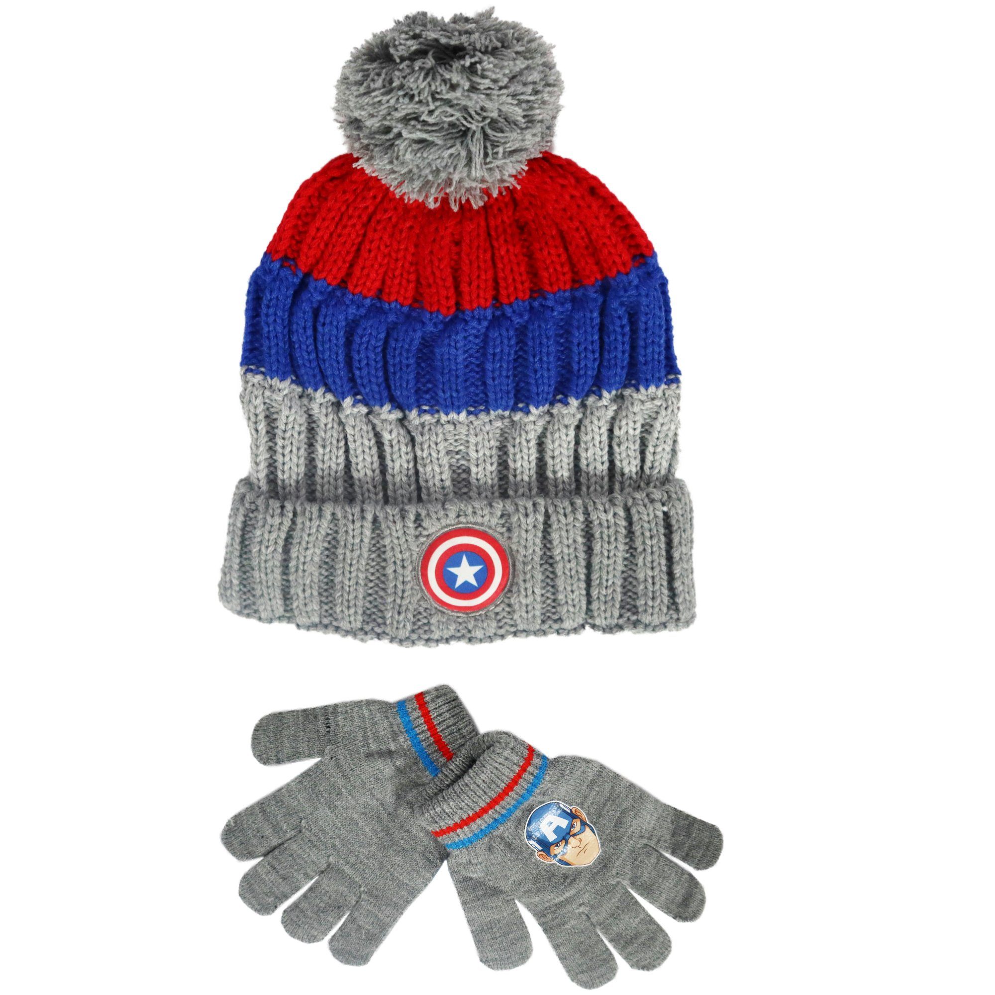 MARVEL Bommelmütze Marvel Captain America Wintermütze plus Handschuhe Gr. 54 bis 56 | Bommelmützen