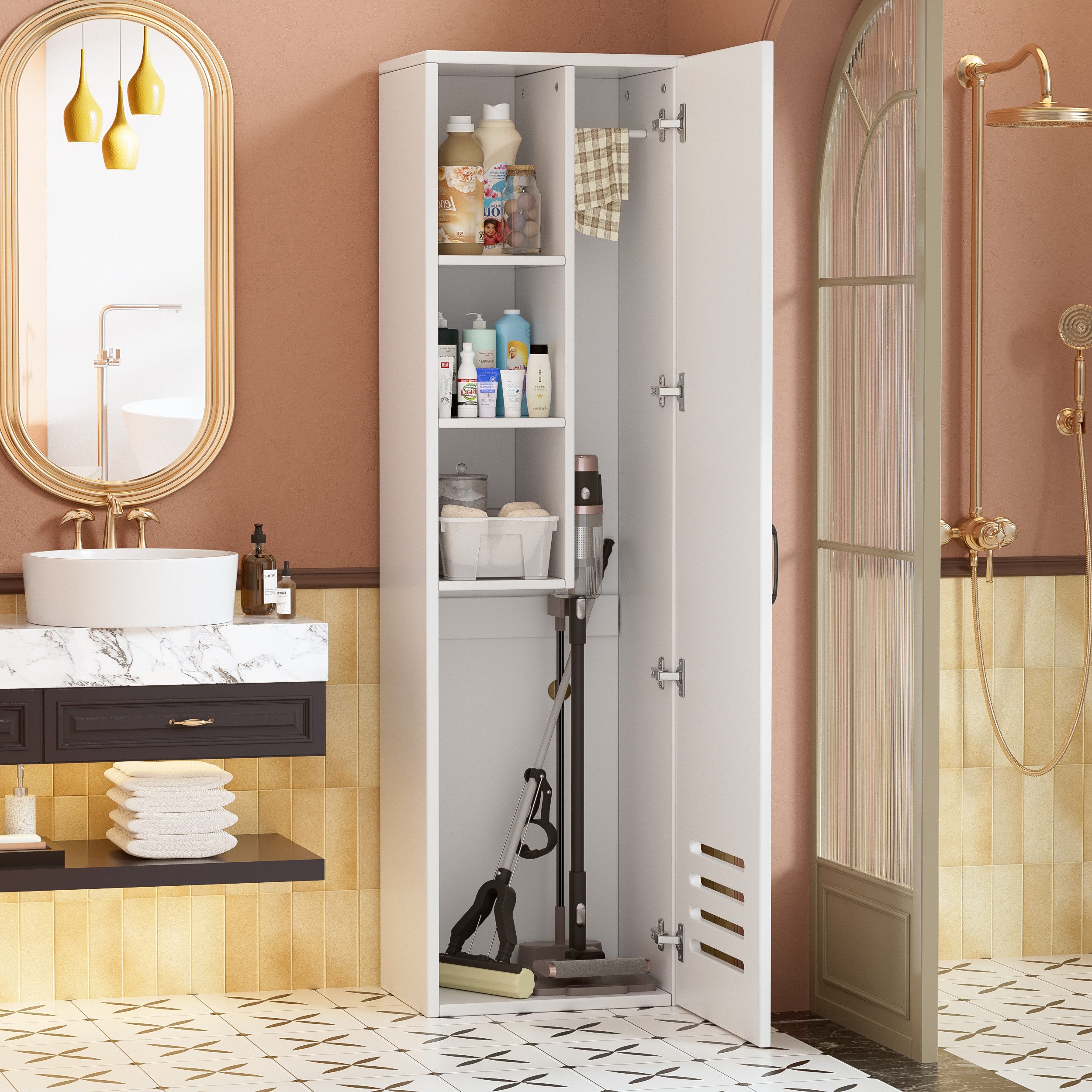 PEALOV Hochschrank Schmaler Badezimmerschrank mit Fächern für Bad und Hauswirtschaftsraum (1-St) Weißer Nischenschrank 40x30x160 cm mit Kabeldurchführung – Bild 4 von 5