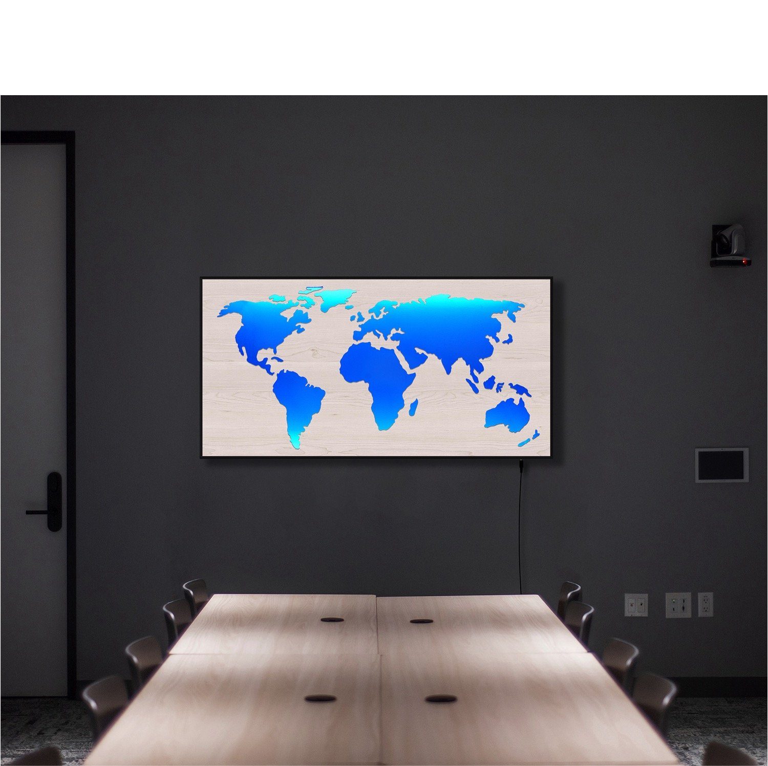 ZENLED Wanddekoobjekt Weltkarte MASCHERA ALU-Rahmen HOLZ-Optik 110x57cm - Vintage 3D-Effekt, Maske hinterleuchtet mit bunt steuerbaren RGB LEDs über Fernbedienung Holzplatte in Ahorn Optik Weiss