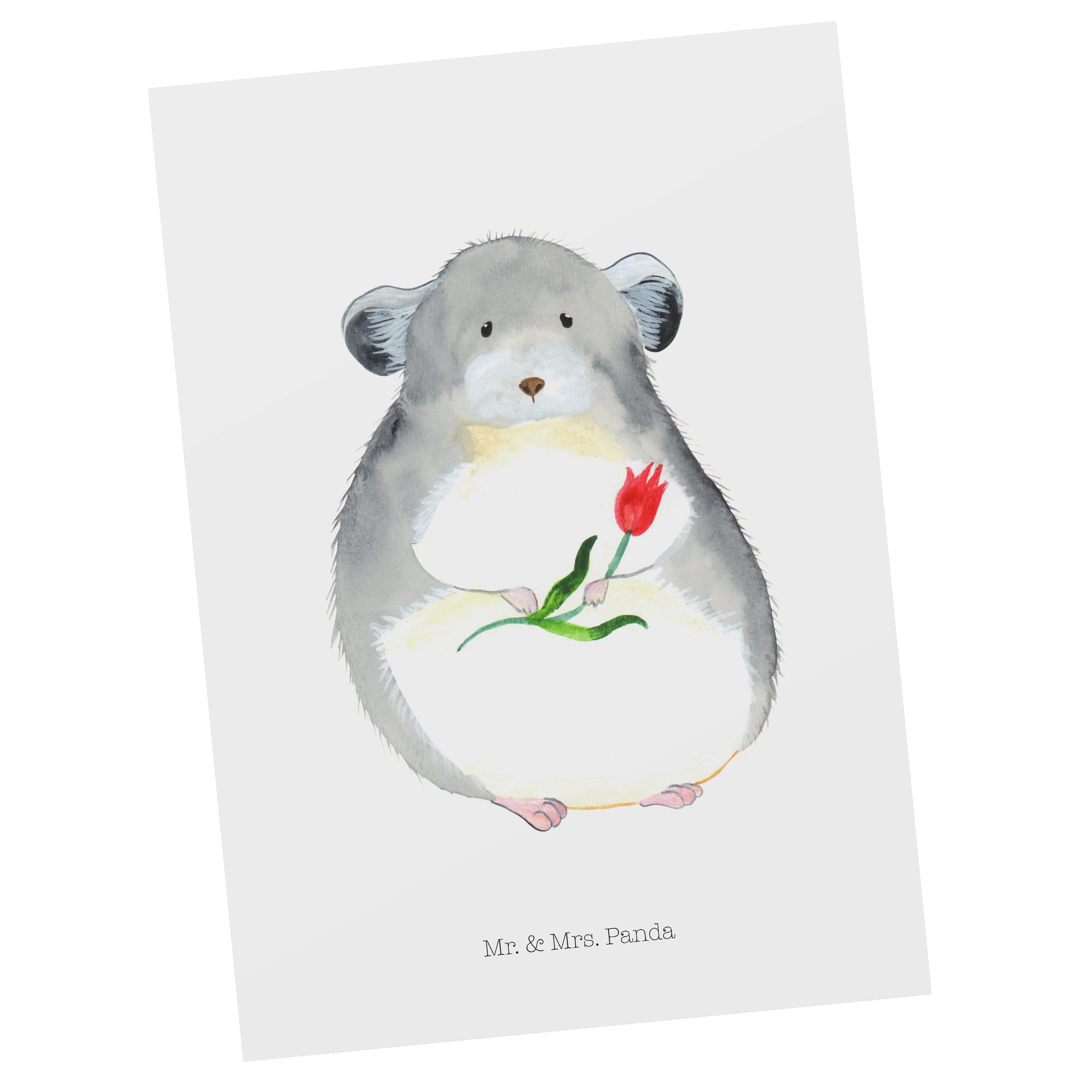 Mr. & Mrs. Panda Postkarte Chinchilla mit Blume - Weiß - Geschenk, Ansichtskarte, Geschenkkarte