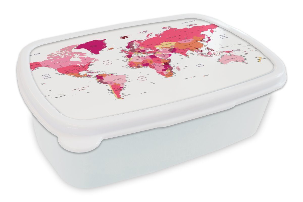 MuchoWow Lunchbox Weltkarte - Topographie - Rosa, Kunststoff, (2-tlg), Brotbox für Kinder und Erwachsene, Brotdose, für Jungs und Mädchen weiß