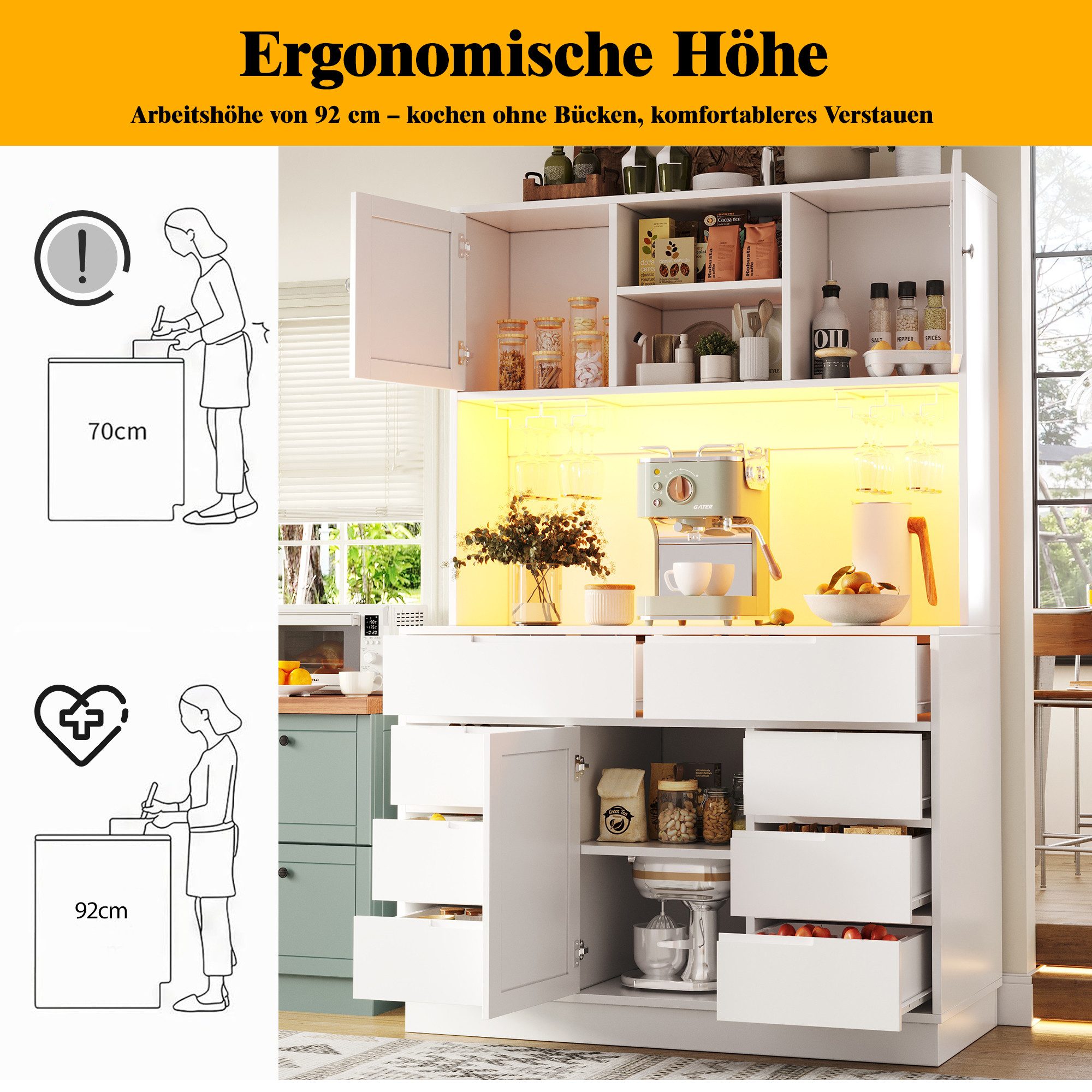 Celya Hochschrank Küchenschrank mit LED und 8 Schubladen (Magnetverschluss für leises Schließen, Ergonomische Arbeitshöhe 92 cm, Verstellbare Trennwand)