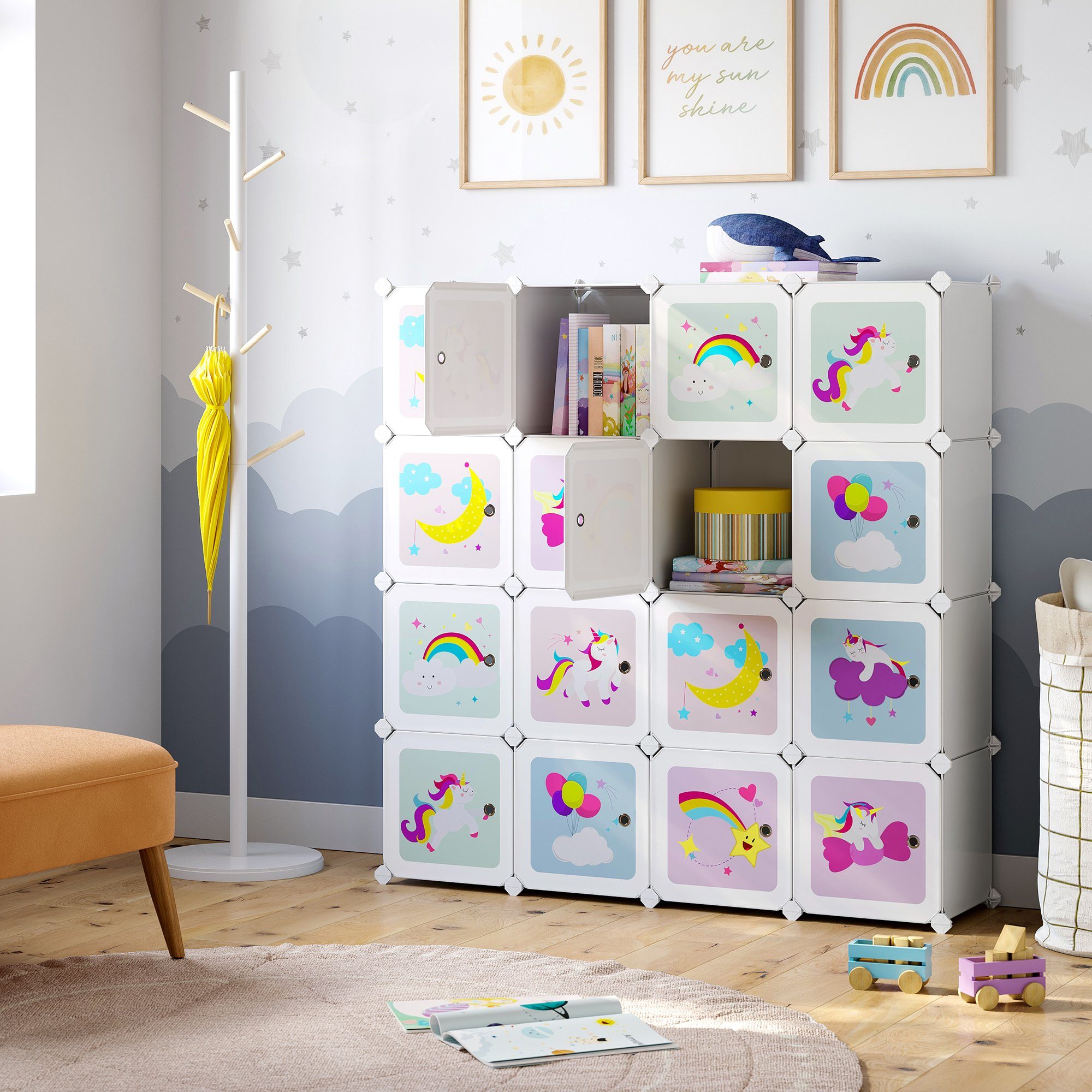 SONGMICS Aufbewahrungsbox Kinderregal, mit 16 Würfeln, 123 x 31 x 123 cm